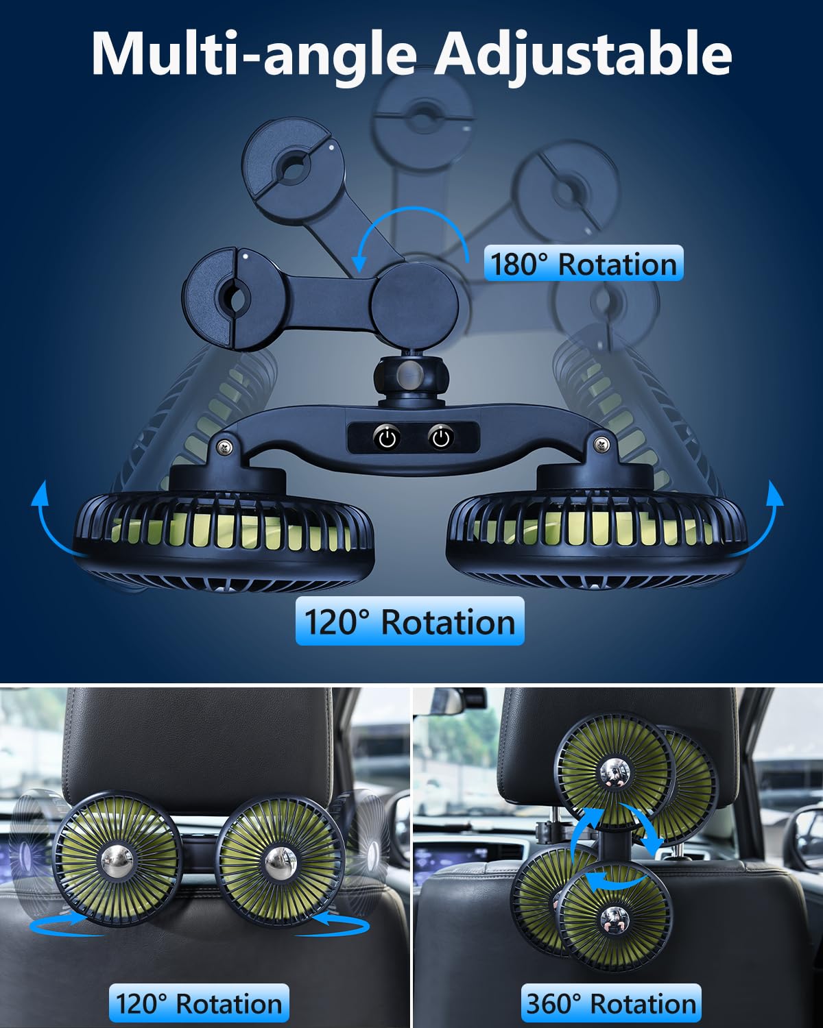 Dicmky Dual Head Car Cooling Fans For Backseat Kids With Long Arm, 2000Mah Battery Powered Rechargeable Car Back Seat Headrest F