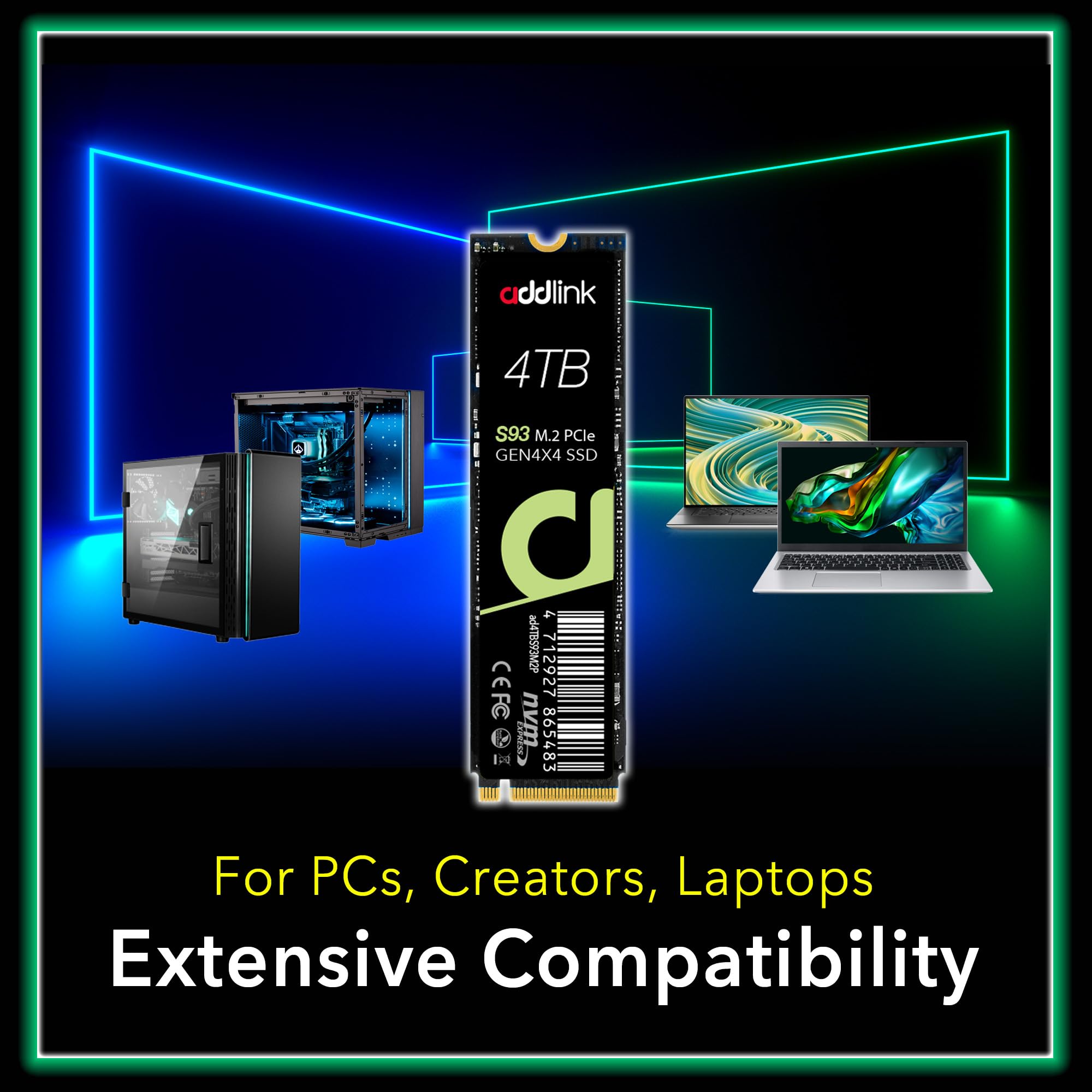 Addlink S93 4Tb Pcie 4.0 M.2 Gen 4 Memory Expansion Ssd, Up To 7400 Mb/S, Internal Solid State Drive With Hmb Technology For Lap