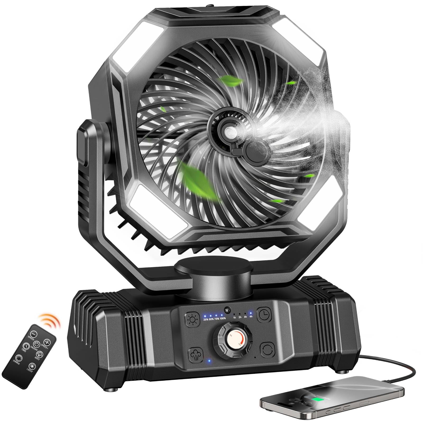 Sweetfull Portable Misting Fan Rechargeable, 20000Mah Battery Powered Camping Fan With 300Ml Water Tank & Led Lanter, Remote Aut