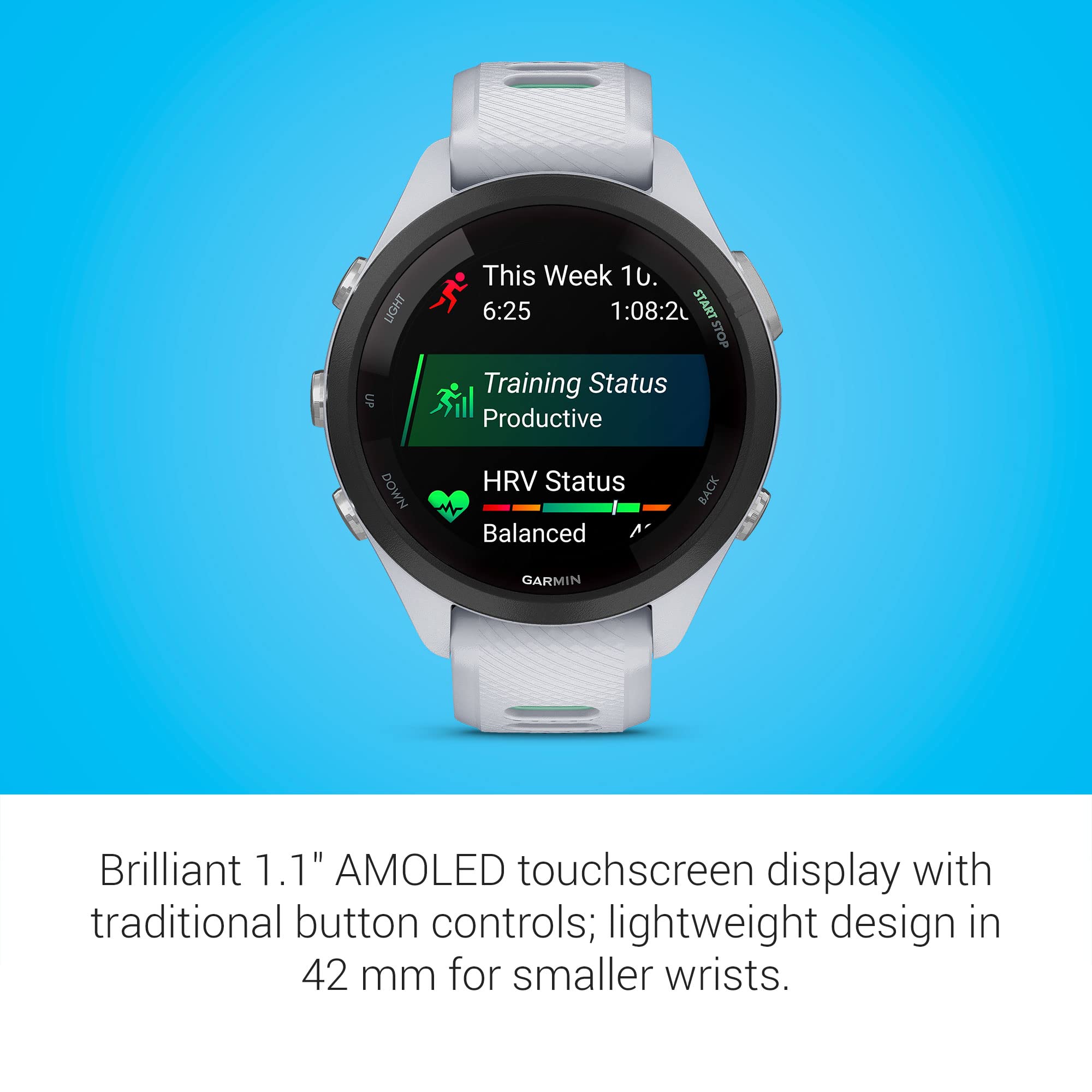 Garmin Forerunner 265S Running Smartwatch, Colorful Amoled Display, Training Metrics And Recovery Insights, Whitestone And Neo T