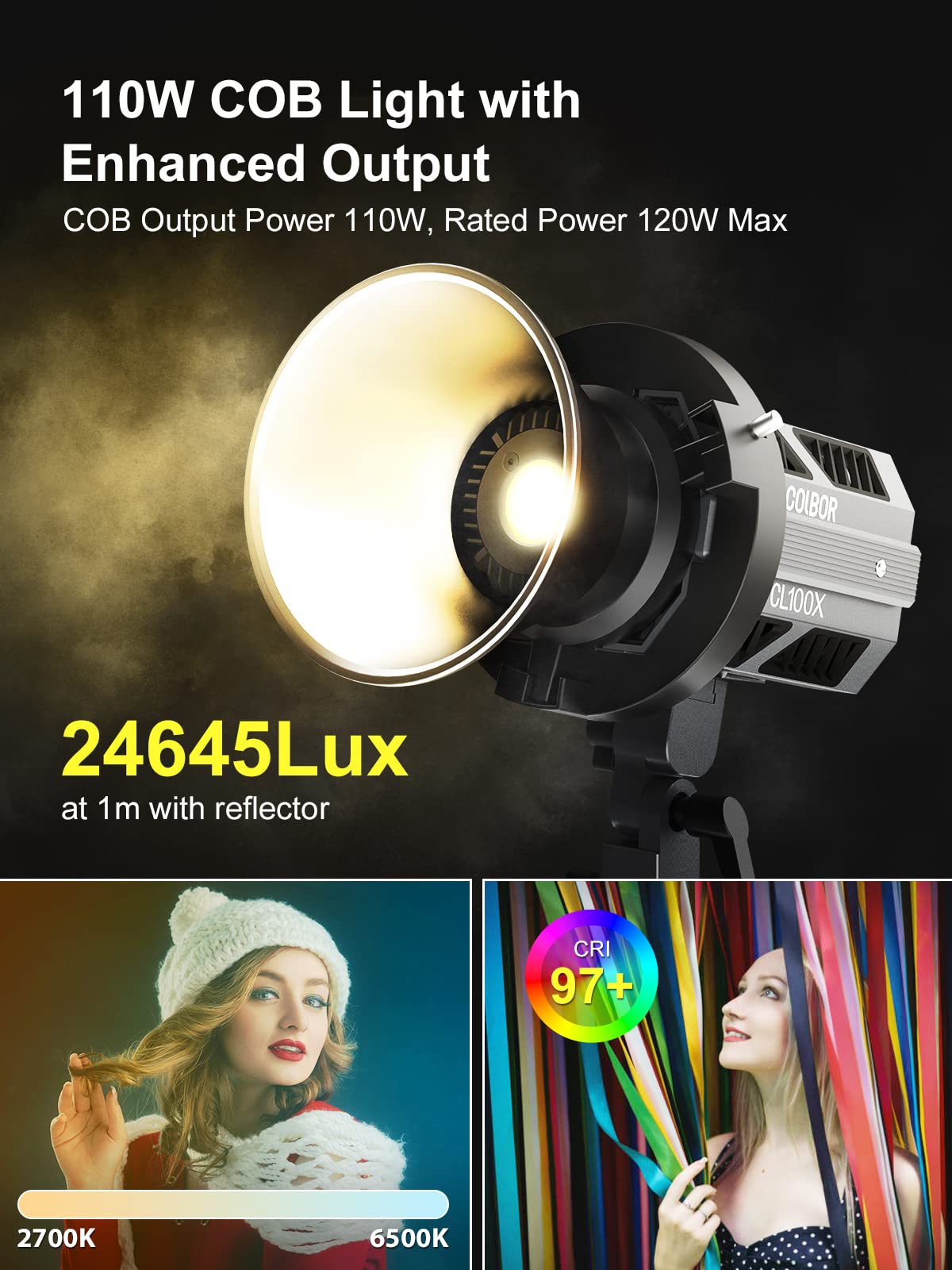 Video Light, Colbor Cl100X 110W Bi Colour Video Light 2700K 6500K Cri97+ Cob Continuous Aluminium With Bowens Mount App Control