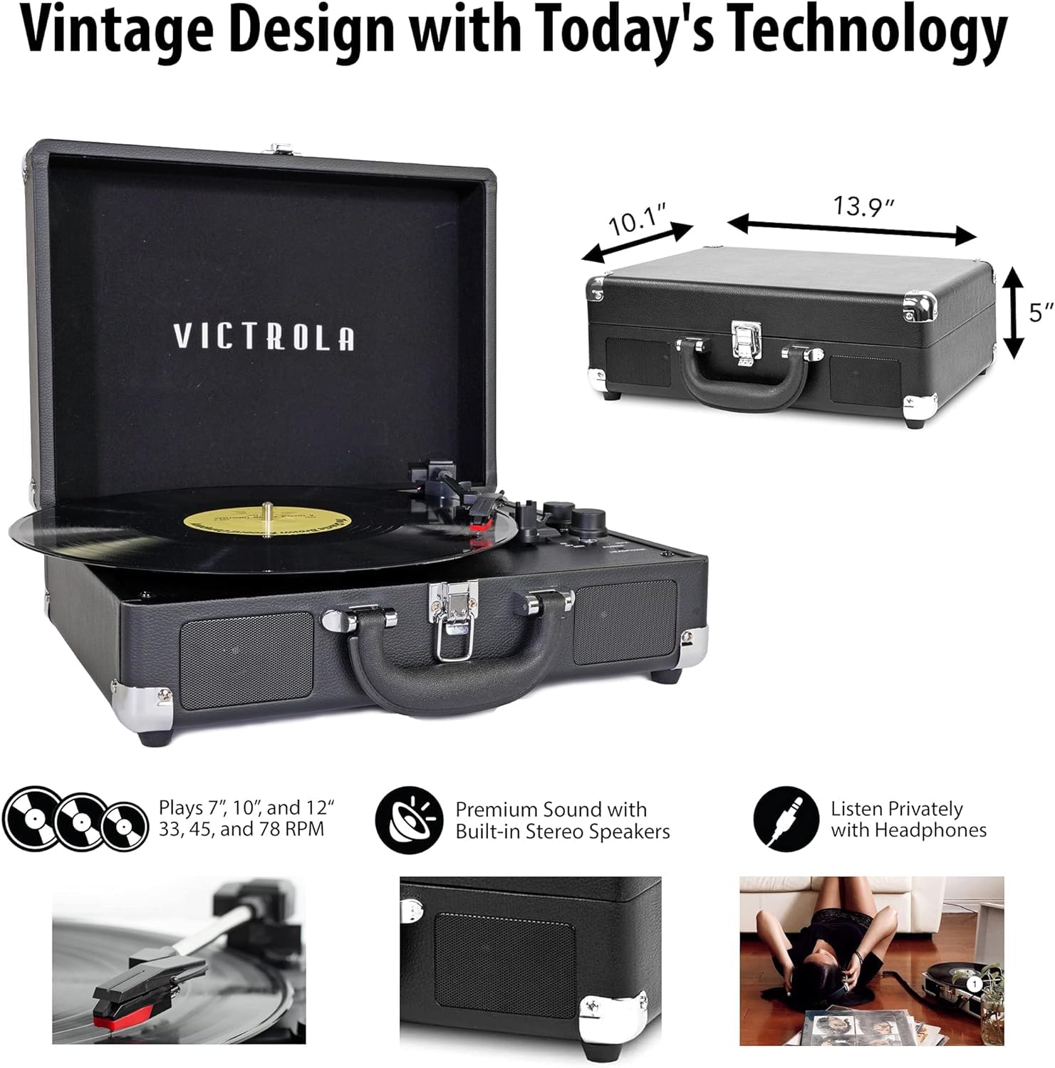 Victrola Journey+ Bluetooth Suitcase Record Player, Black (Vsc 400Sb Blk Sdf)