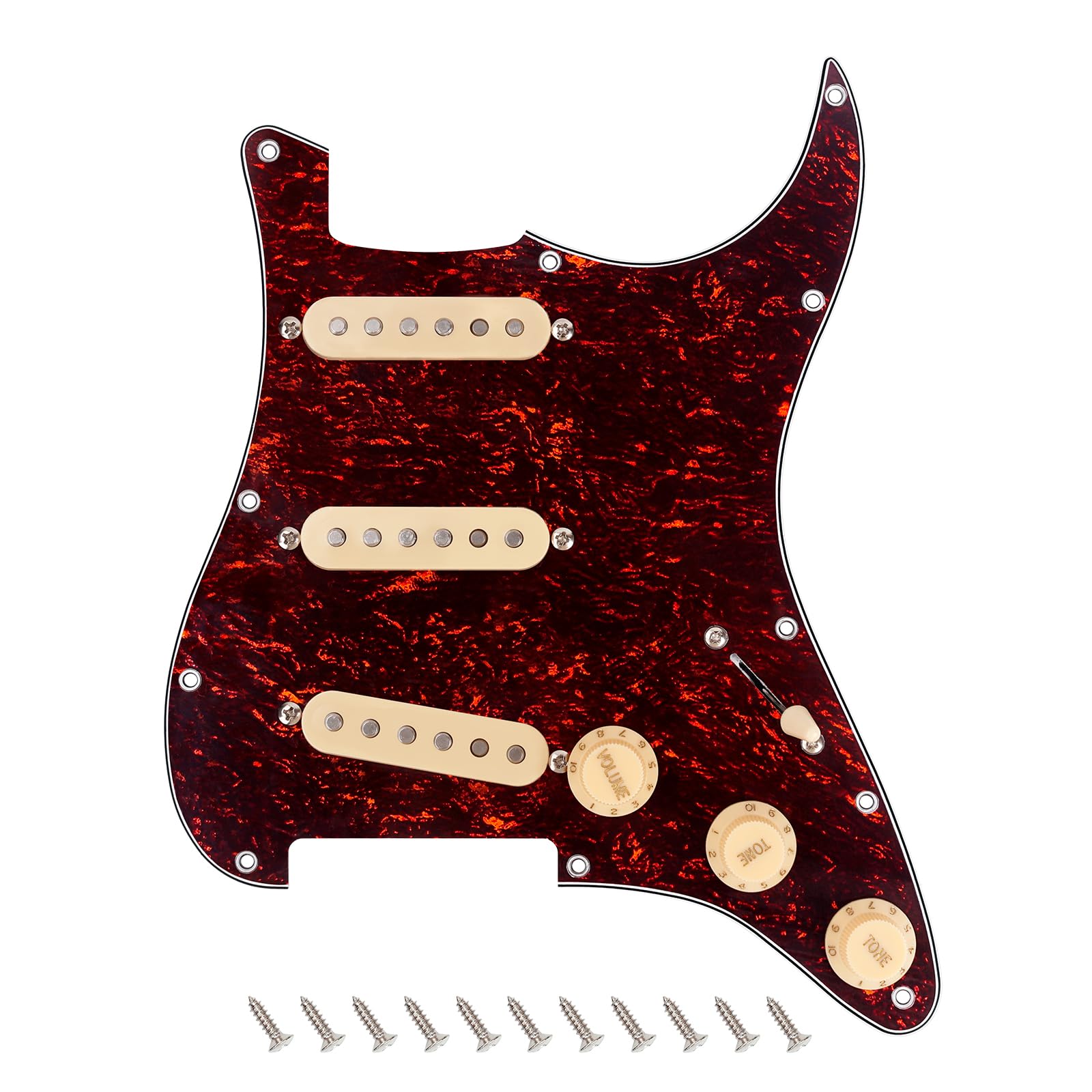 Banworks 4Ply Loaded SSS Pickguard Vintage F 60s Tones Prewired Strat Pickguard with Staggered Alnico 5 SSS Single Coil Pickups