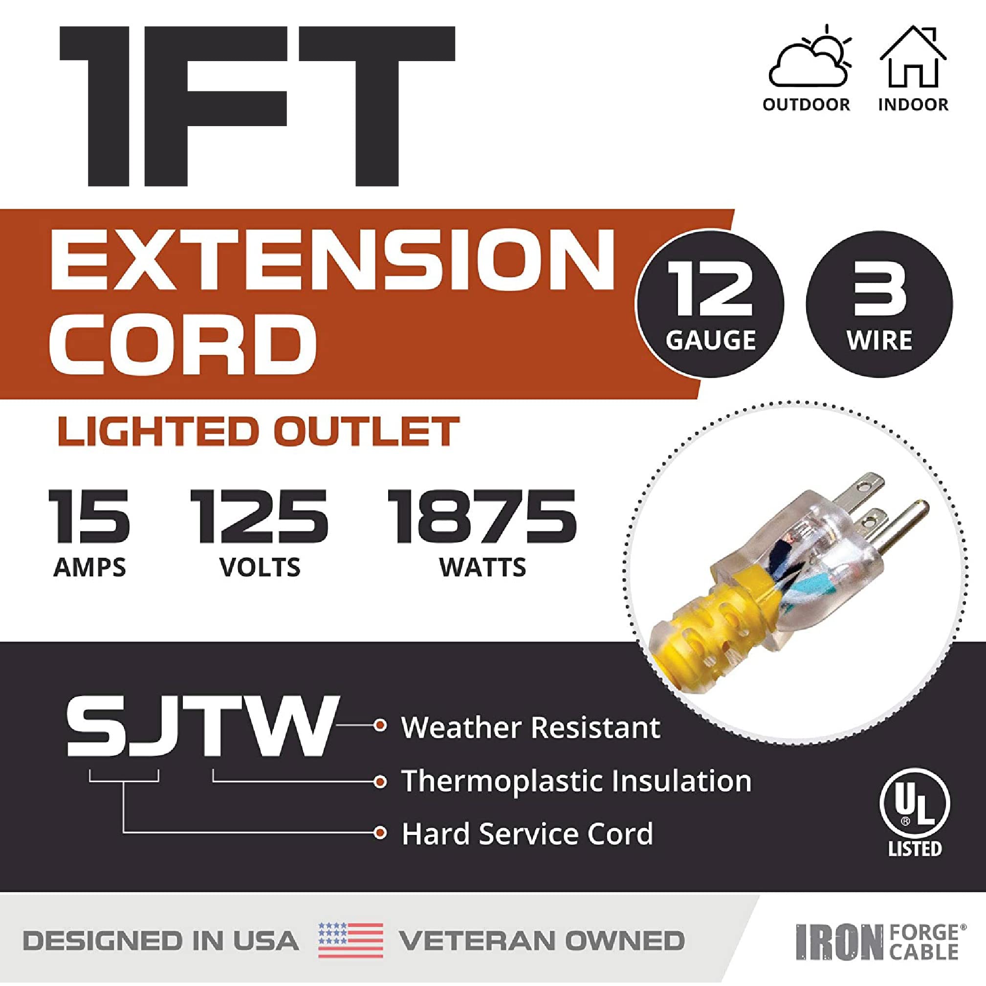 Iron Forge Cable Outdoor Lighted Extension Cord 1 Ft   12/3 Sjtw Heavy Duty 15 Amp Yellow Cable With 3 Prong Grounded Safety Plu