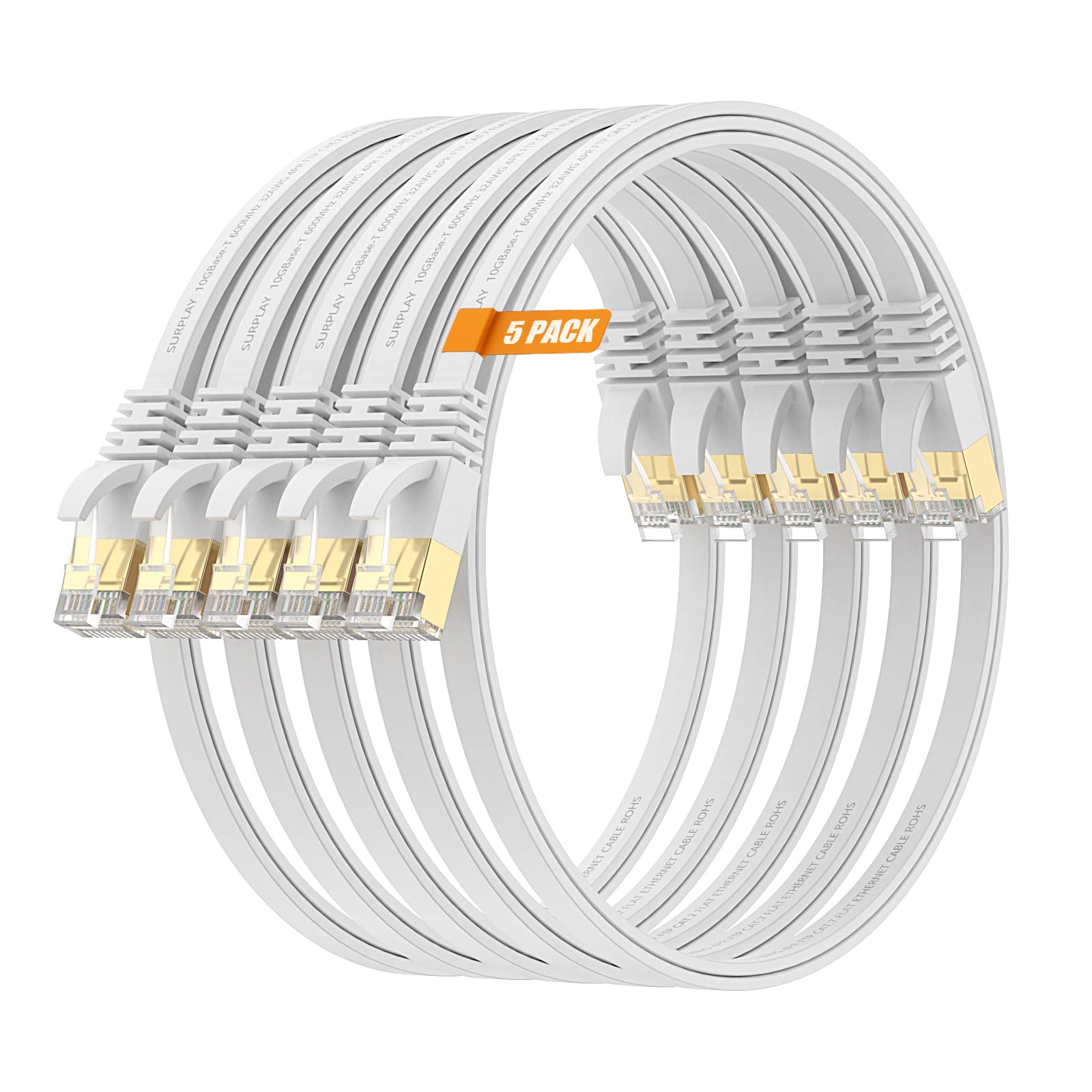 Surplay Cat7 5Pack 1.5Ft Ethernet Cable White 10Gbps Shielded & Ground Wire Internet Network Flat Patch Cord,Ultra Slim Gold Pla