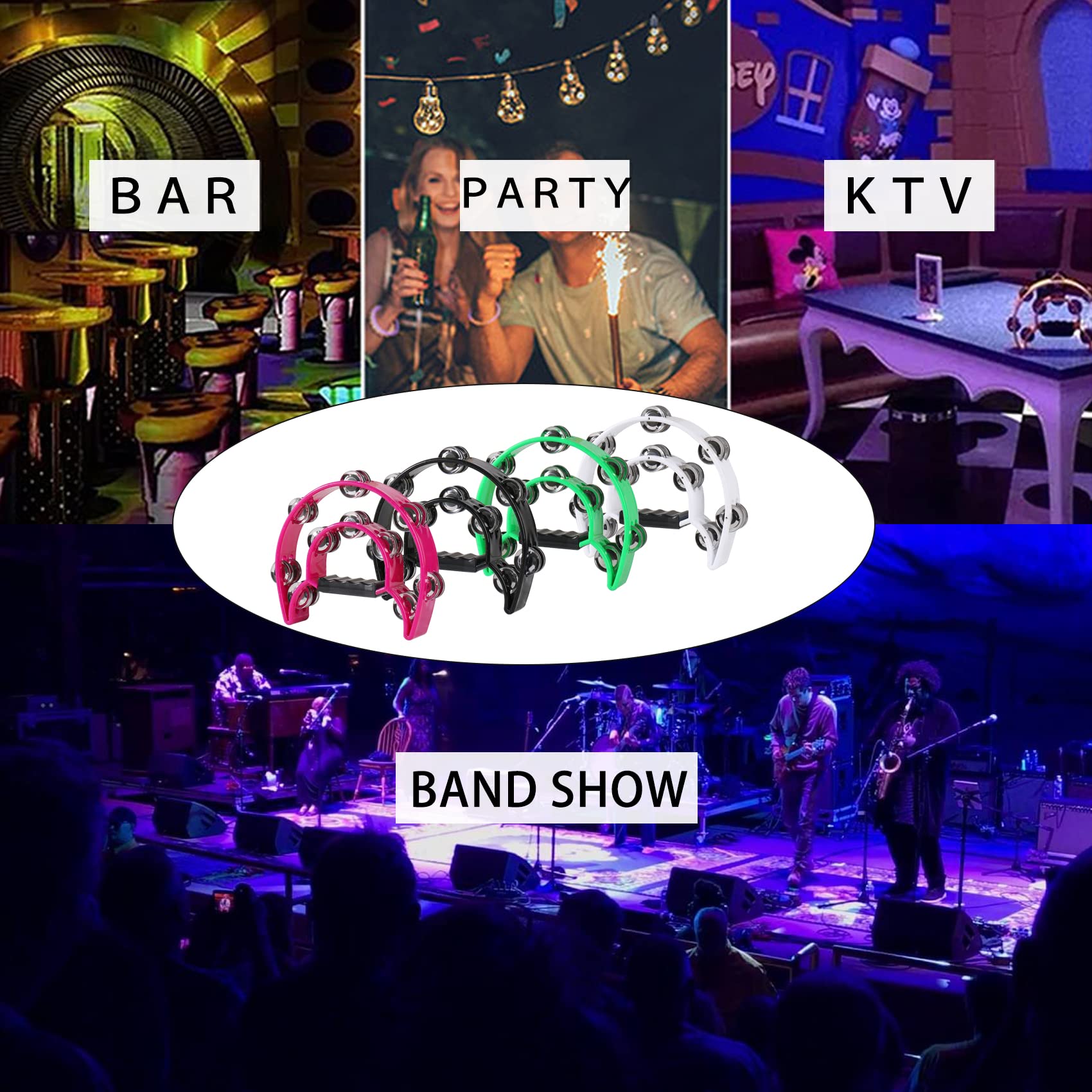 4 Pack Tambourine For Adults, Handheld Tambourine With Metal Jingles, Tamborines Musical Instrument, Half Moon Percussion Tambou