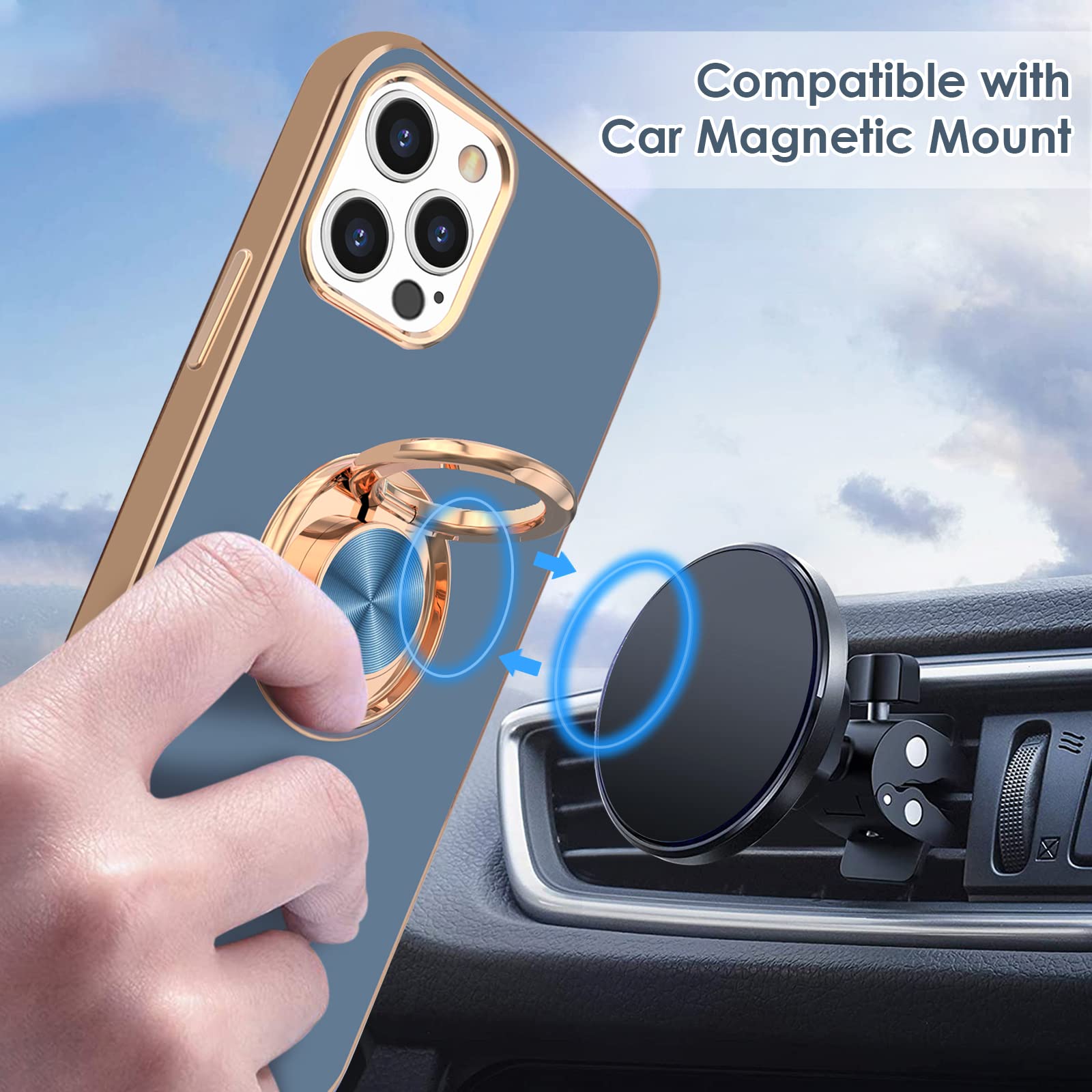 Hython For Iphone 13 Pro Max Case With Ring Stand [360 Rotatable Ring Holder Magnetic Kickstand][Support Car Mount] Plating Rose