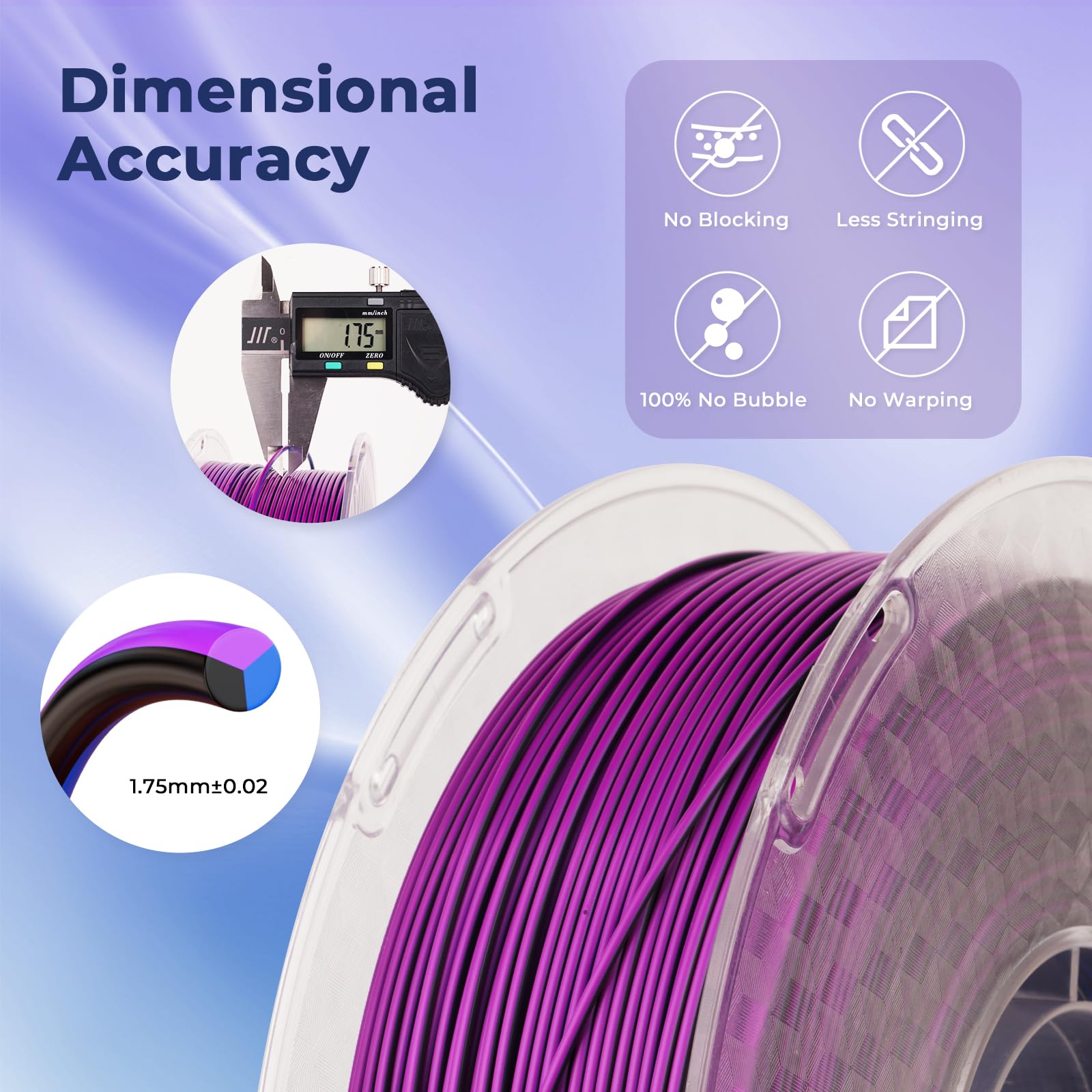 Amolen 3D Printer Filament Tri Color Silk Pla Filament 1.75Mm,Black Blue Purple 3D Printing Coextrusion Filament,1Kg/2.2Lbs