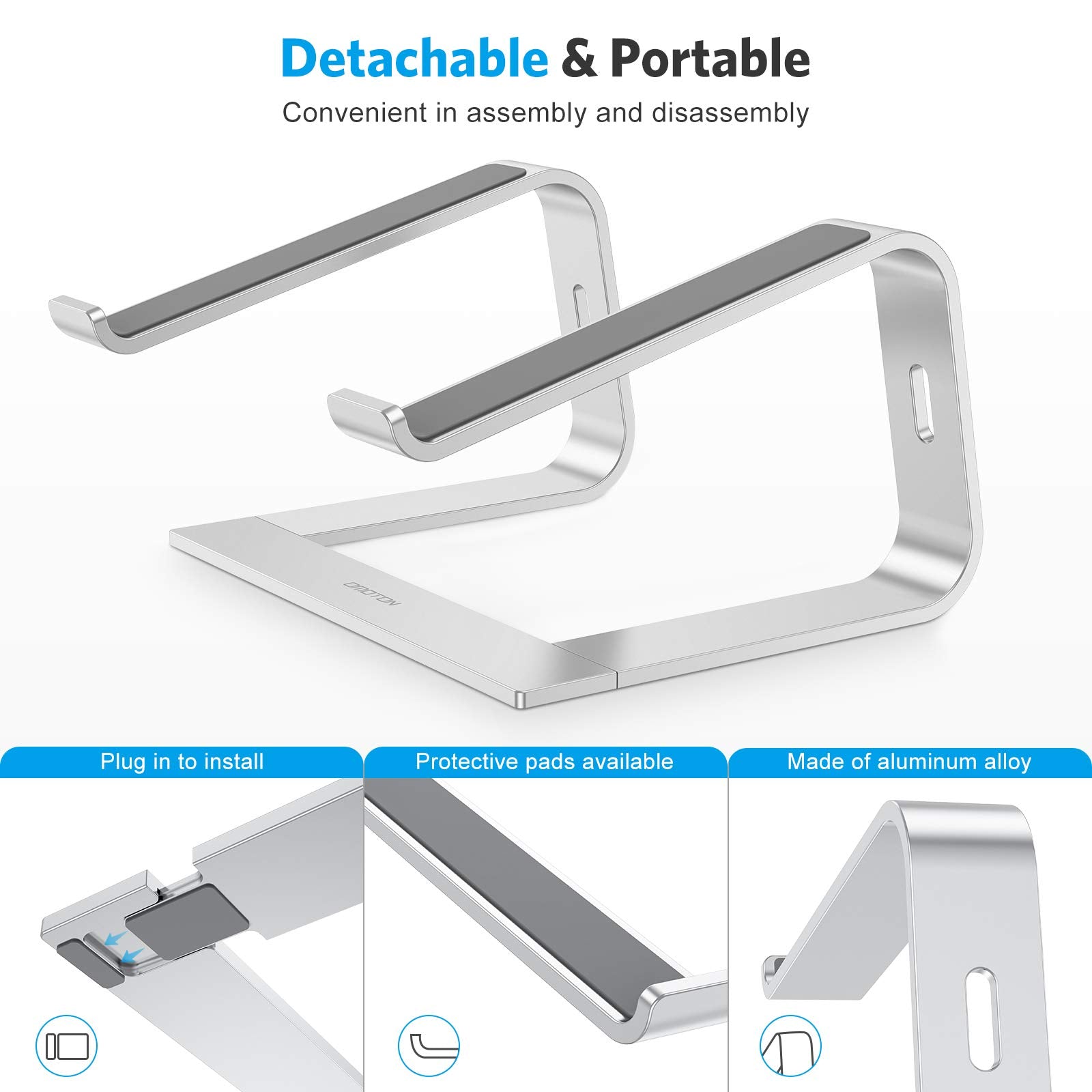Omoton Laptop Stand, Detachable Laptop Mount, Aluminum Laptop Holder Stand For Desk, Compatible With Macbook Air/Pro, Dell, Hp, Lenovo And All Laptops (11 16 Inch), Silver