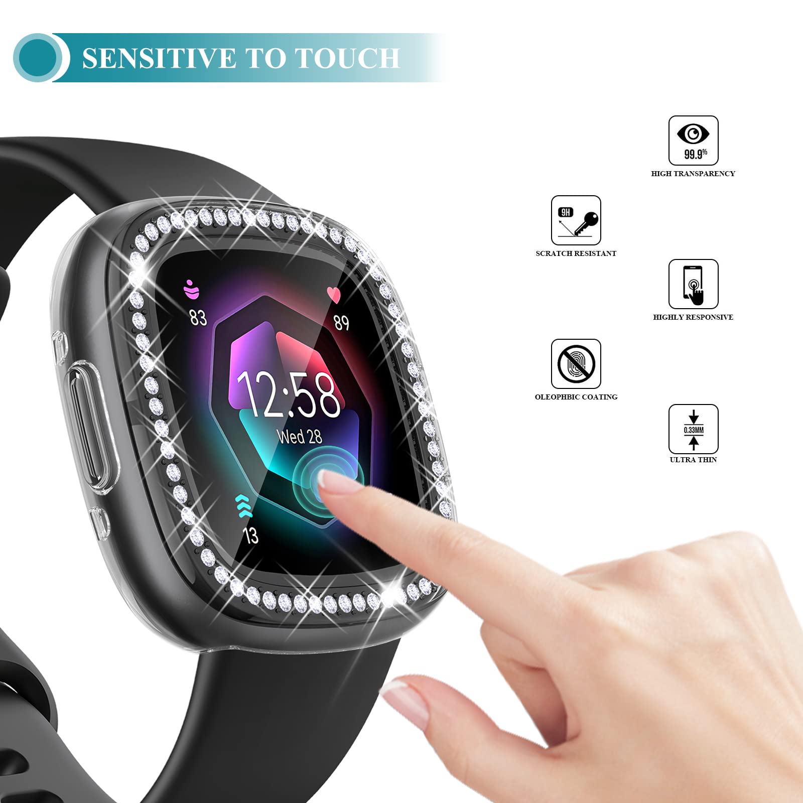 2 Pack Richone Compatible With Fitbit Versa 4 & Sense 2 (2022) Screen Protector Case, Bling Diamonds Cover Soft Tpu Bumper Smart