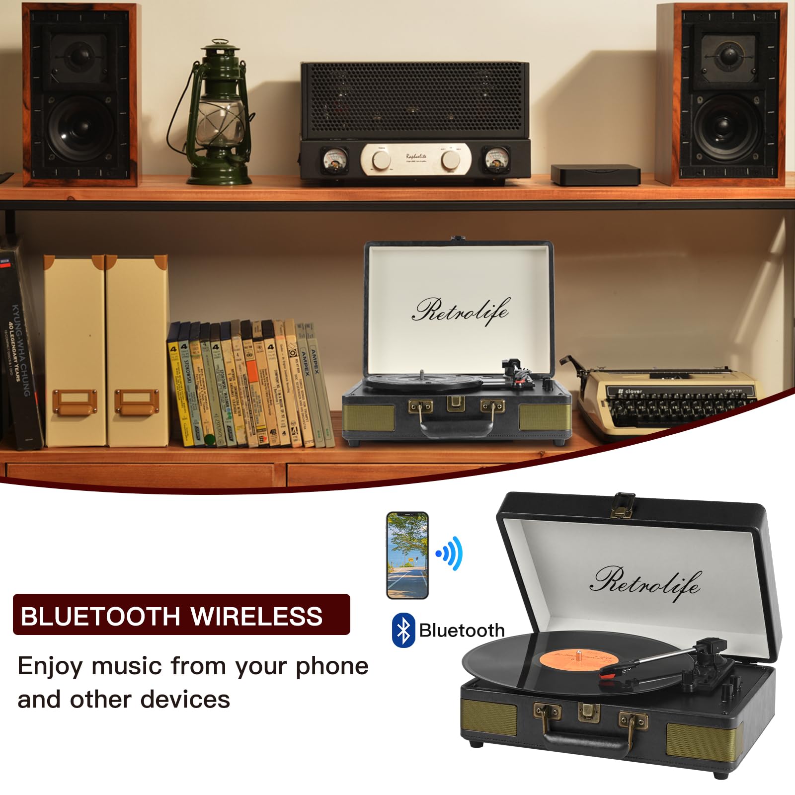 Retrolife Record Player 3 Speed Bluetooth Portable Suitcase Vinyl Player With Built In Speakers Turntable Enhanced Audio Sound P