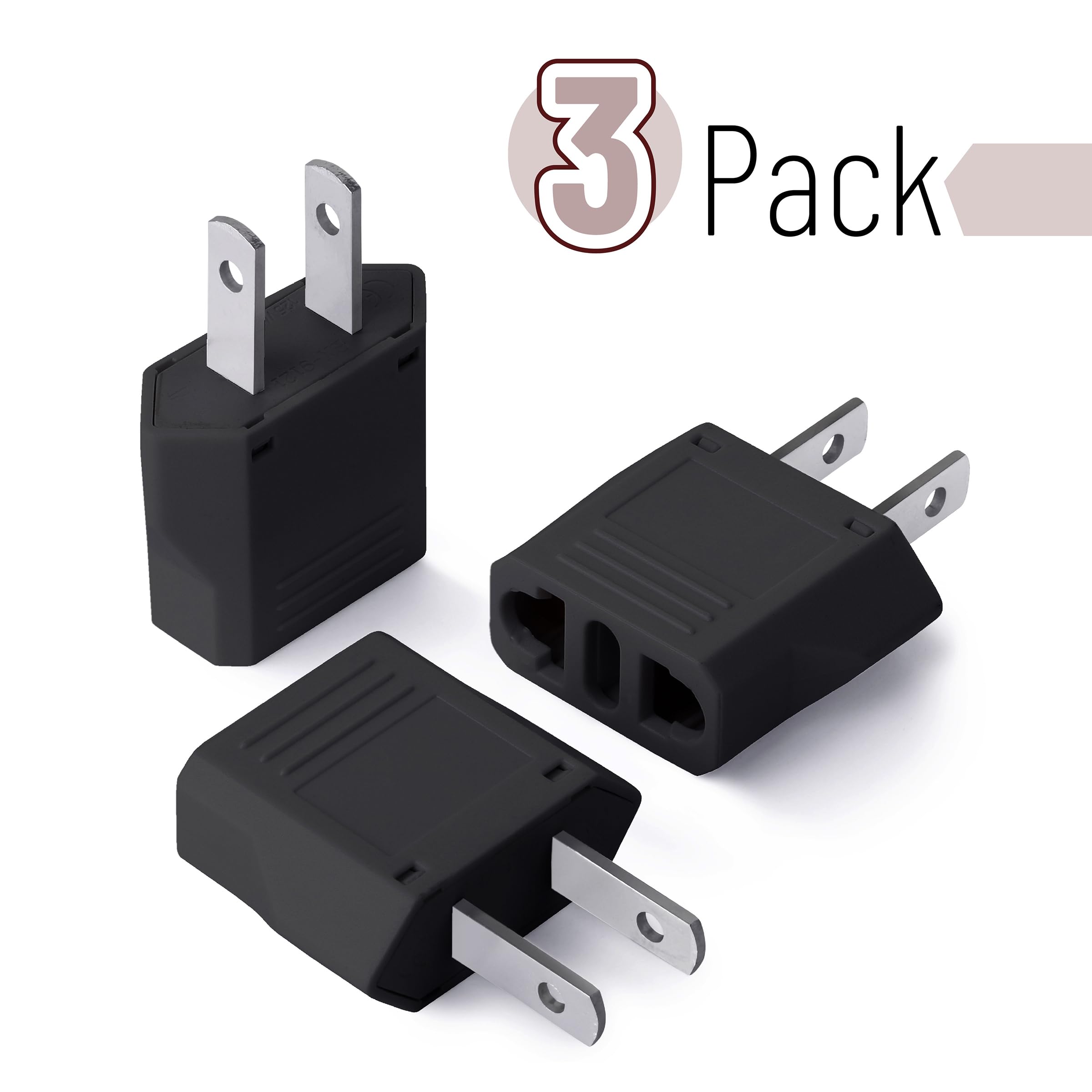 Bates  Europe To Us Plug Adapter, 3 Pack, Black, European To Us Plug Adapter, Eu To Us Plug Adapter, Adapter Europe To Usa, Uk T