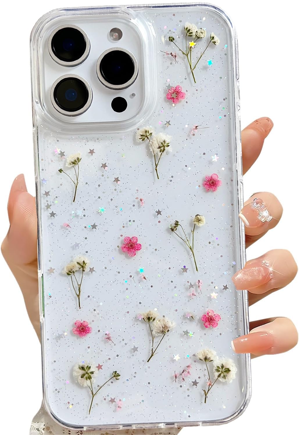 Lseeka For Iphone 16 Pro Max Clear Case With Pressed Real Flowers Design,Glitter Cute Pink Floral Pattern Slim Soft Tpu Protecti