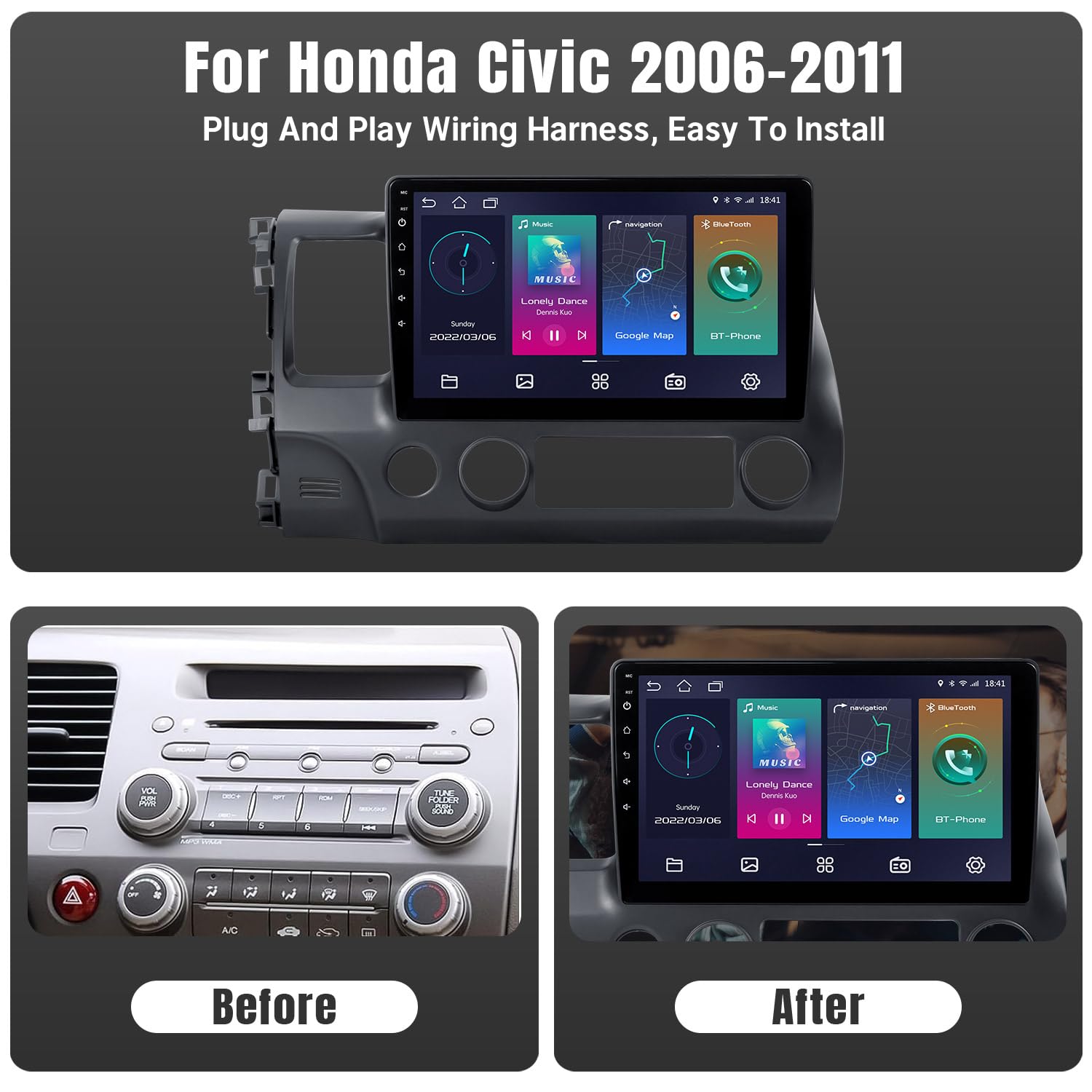 Leadfan Car Stereo Radio For Honda Civic 2006 2007 2008 2009 2010 2011 Wireless Apple Carplay Android Auto, 10.1 Inch Ips Touch