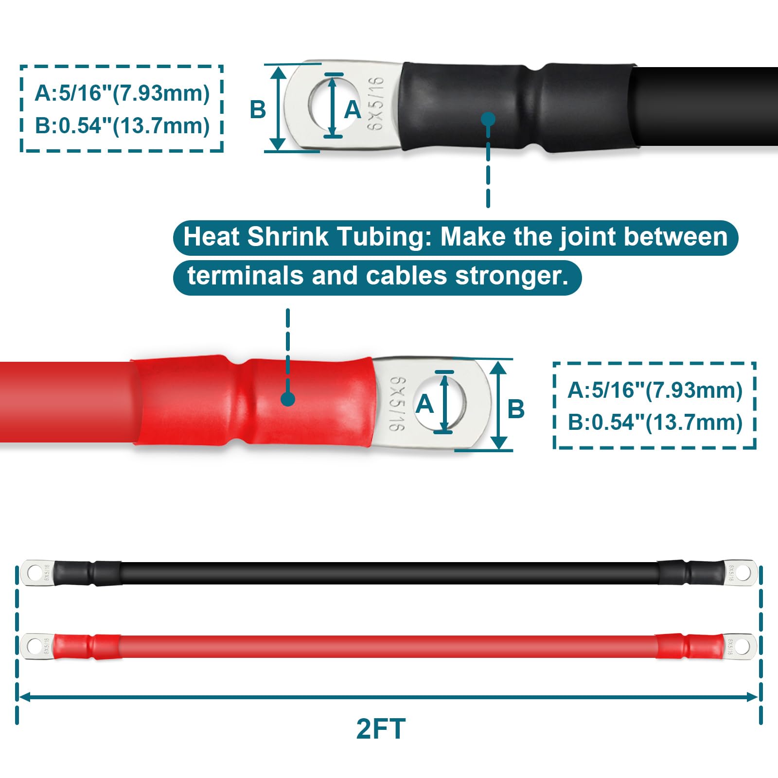 Zonbang 6 Awg Battery Cable With 5/16 Inch Terminals, Copper Battery Inverter Cables For Car Rv Automotive Solar, 2Ft(2 Pack)