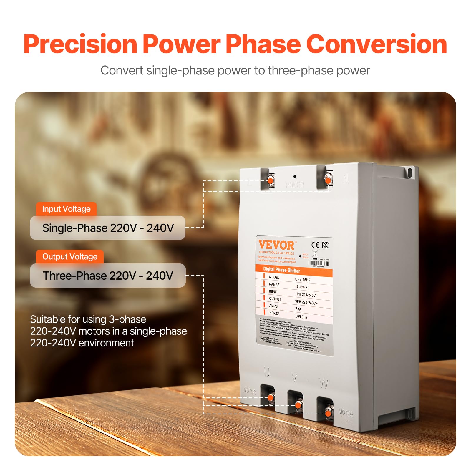 Vevor 3 Phase Converter - 15Hp 53A 220V Single Phase To 3 Phase Converter, 220V-240V Input/Output, Digital Phase Shifter For Res