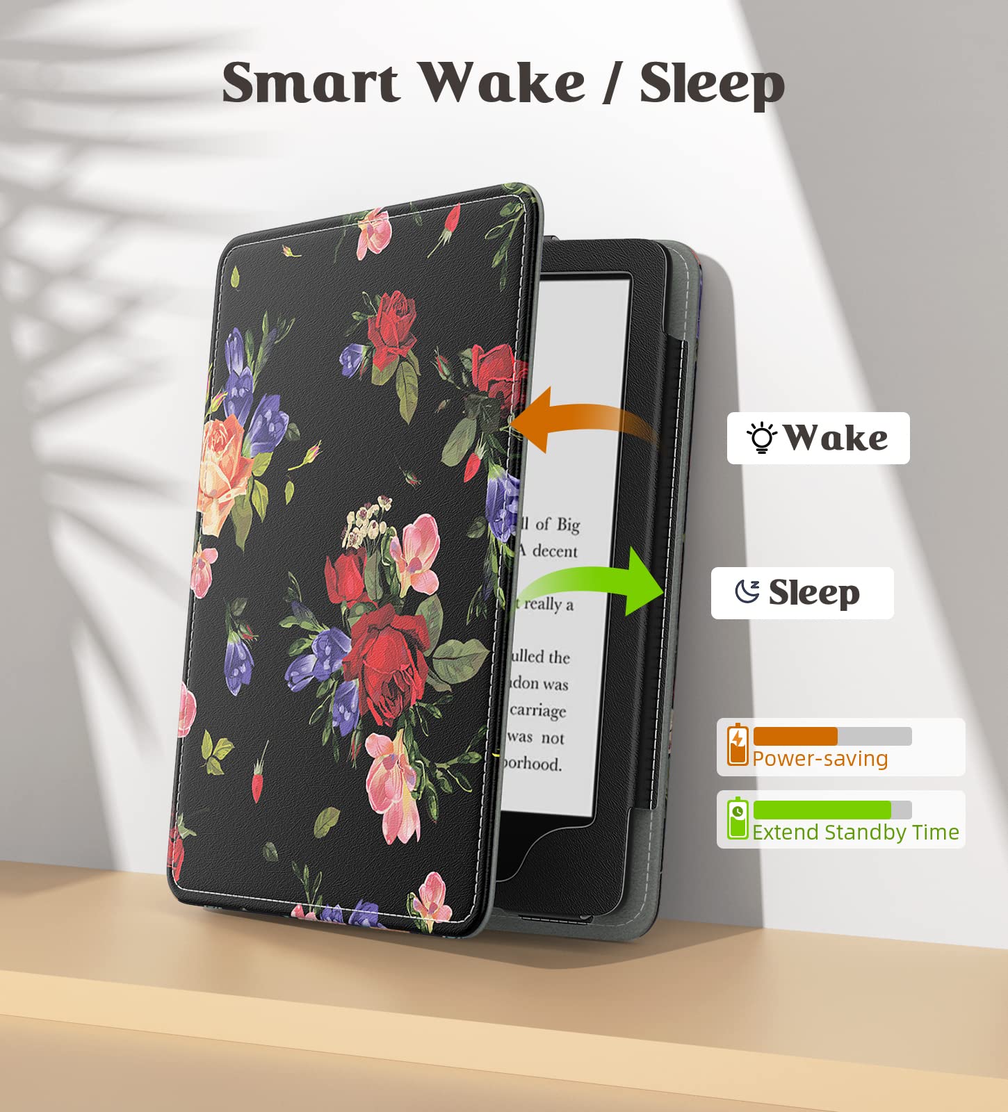 Moko Case For Kindle Paperwhite 11Th Generation 2021 Release, Slim Pu Shell Cover With Auto Wake/Sleep, Rose On Black