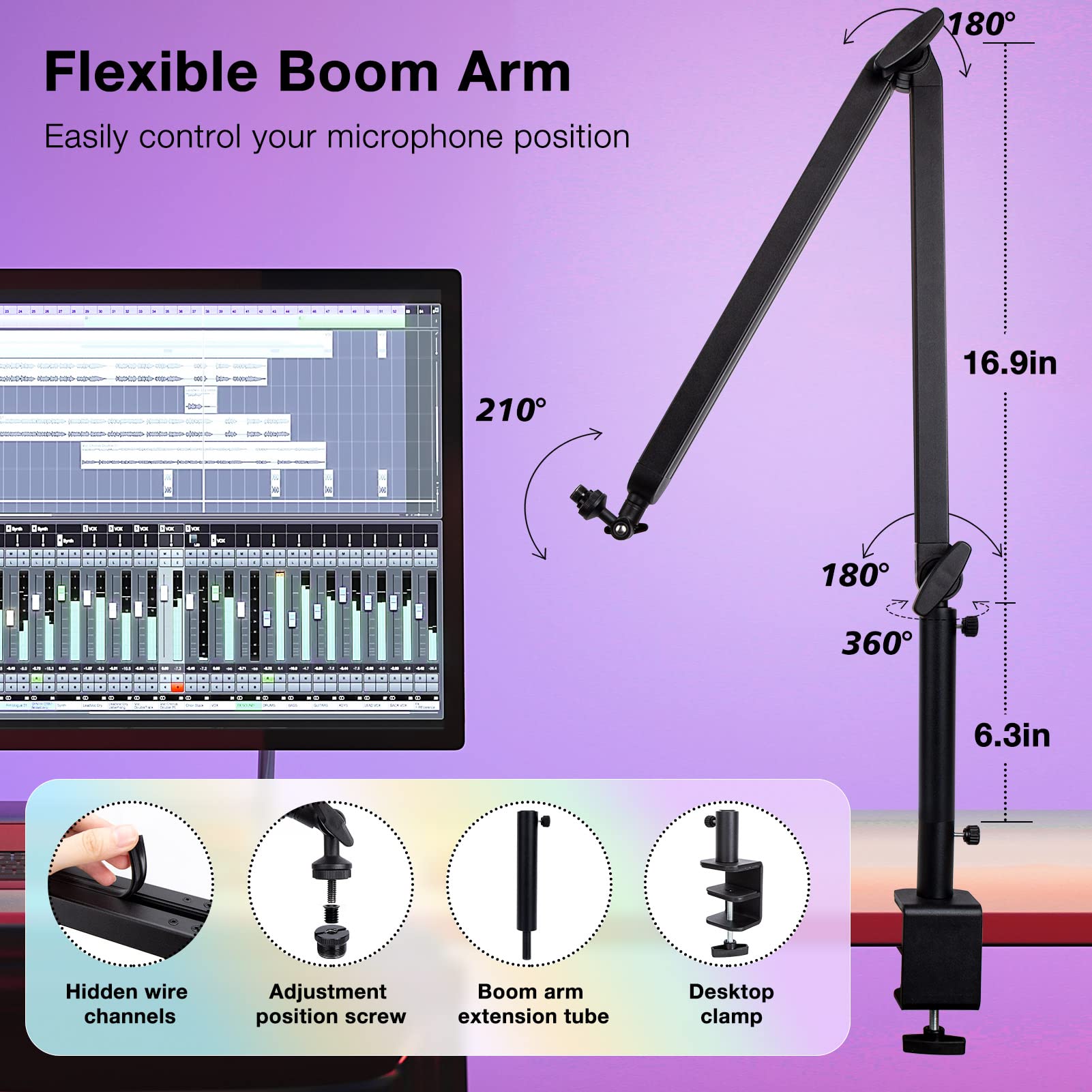 Blue Yeti Boom Arm With Extension Tube   Mic Boom Arm Compatible With Blue Yeti, Adjustable Boom Height Microphone Stand Mic Arm