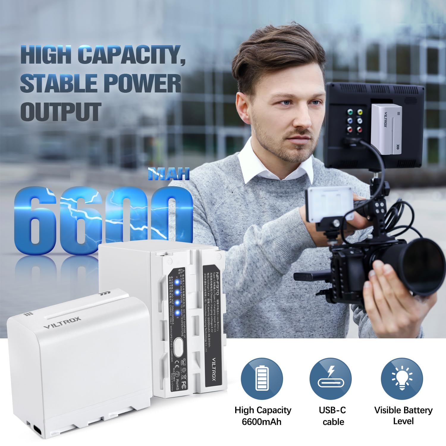 Viltrox Np F970 Li Ion Battery 1 Pack (6600Mah), Replacement For Sony Np F550 F570 F750 F770 F950 F960 F970, Compatible With Led