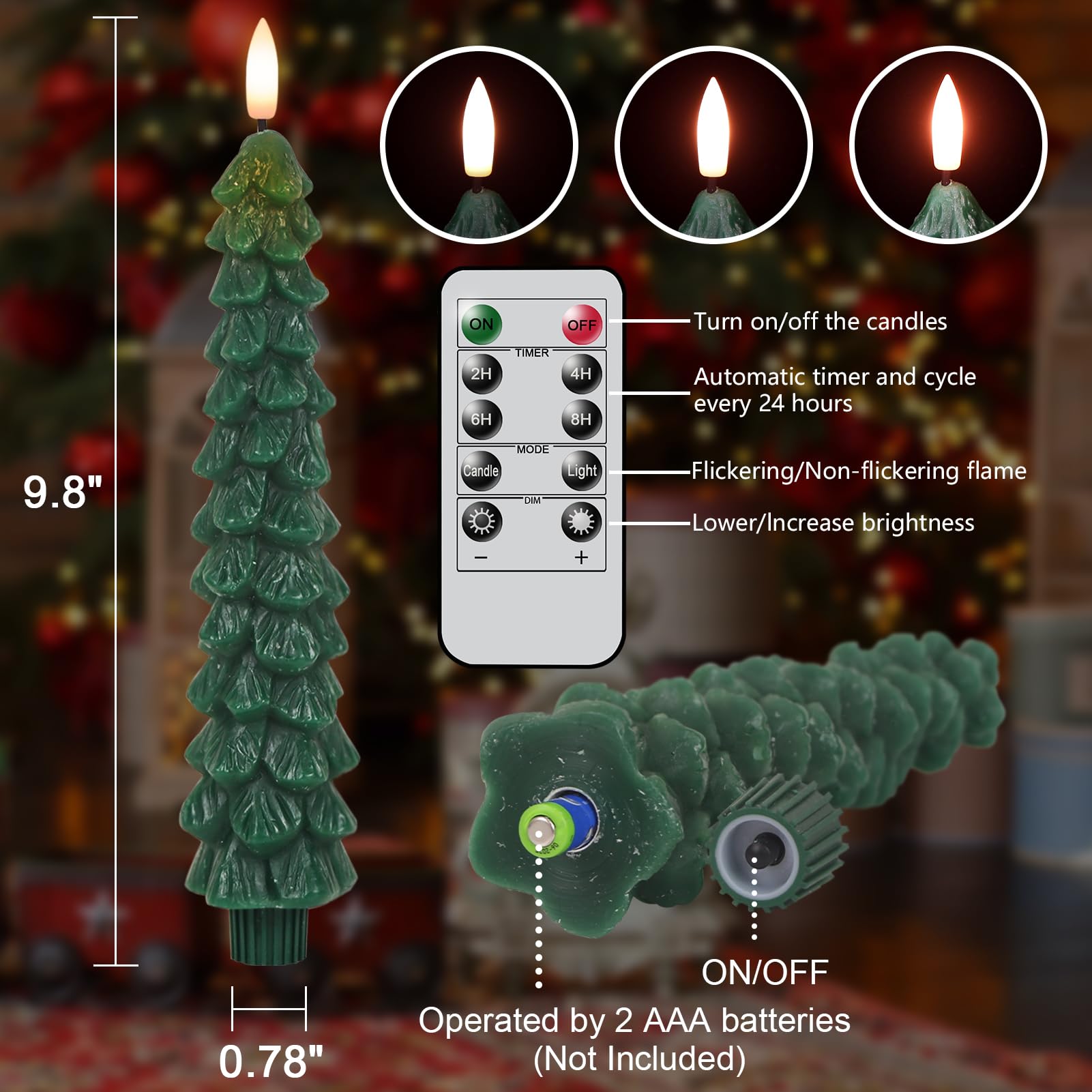 Lasumora Christmas Tree Candles With Remote Timer, 4 Pcs Waxy Flameless Taper Candles Flickering, Battery Operated Led Candlesti