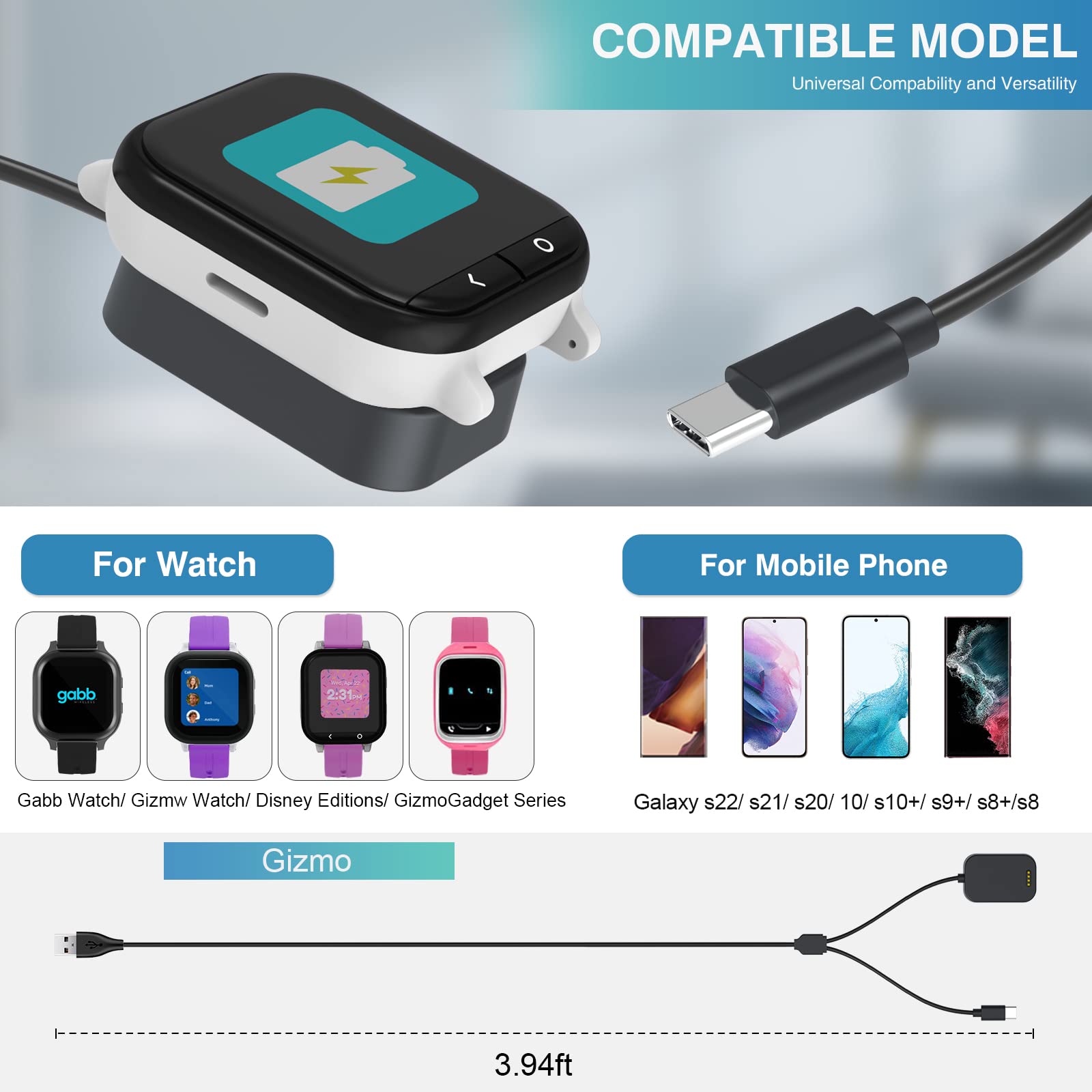 Geordgy 2 In 1 Charger Compatible With Version Gizmo Watch 2/Care Smart Watch Charger Dock, Portable Magnetic Charging Cord 3.93