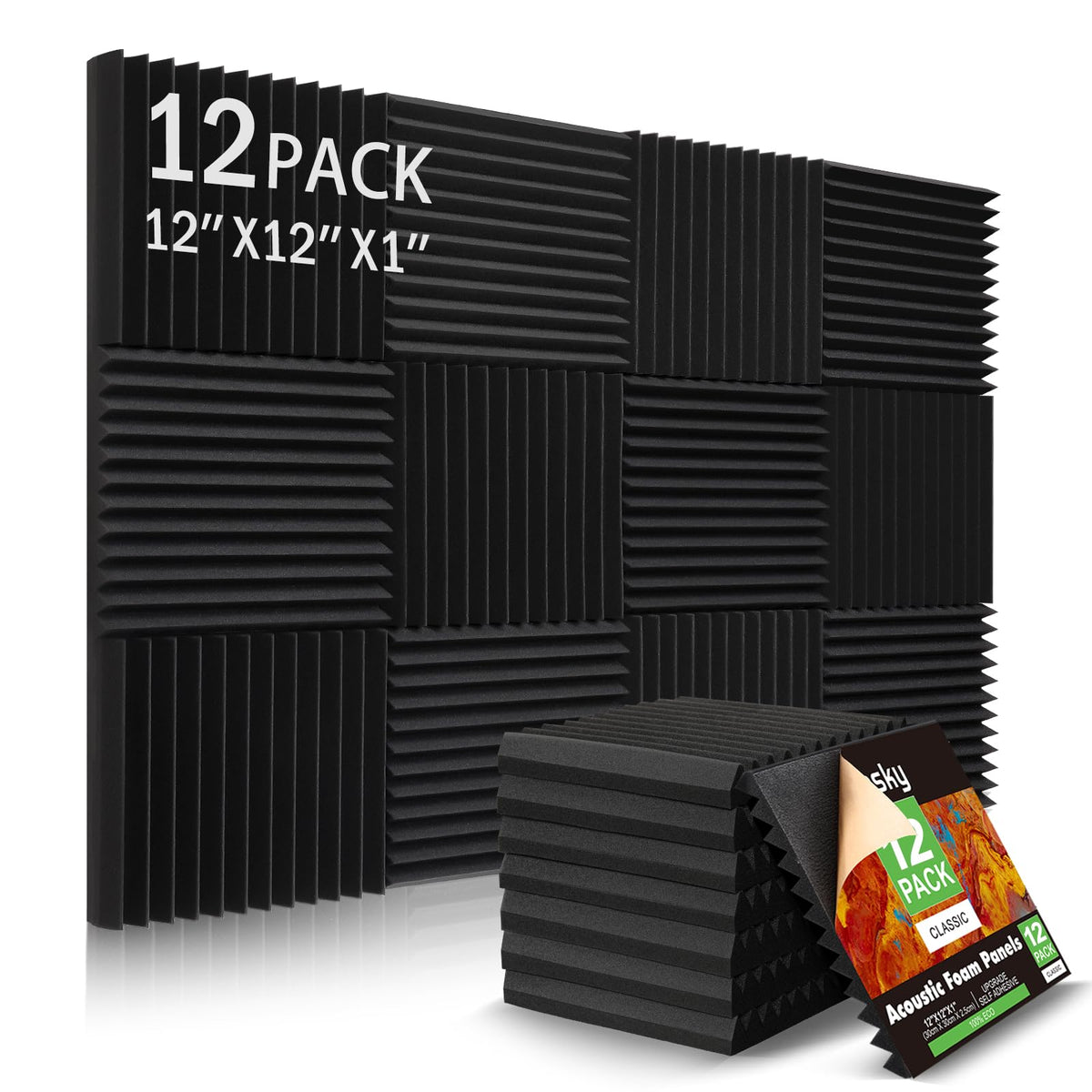 12 Pack Sound Proof Foam Panels Studio Acoustic Foam Panels,1'' X 12'' X 12''Soundproof Wall Panels With Self Adhesive,Fire Proo