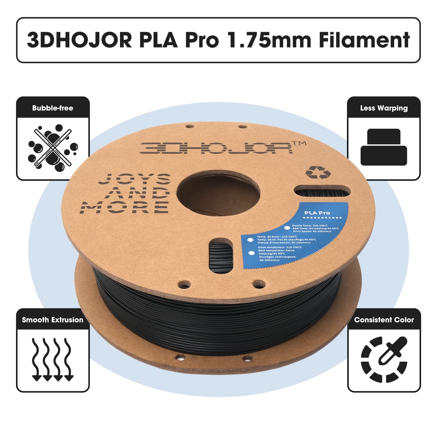 3Dhojor Pla Pro Filament 1.75Mm (Pla+ Filament), 1Kg 3D Printer Pla Filament, 3D Printing Filament, Cardboard Spool, Dimensional