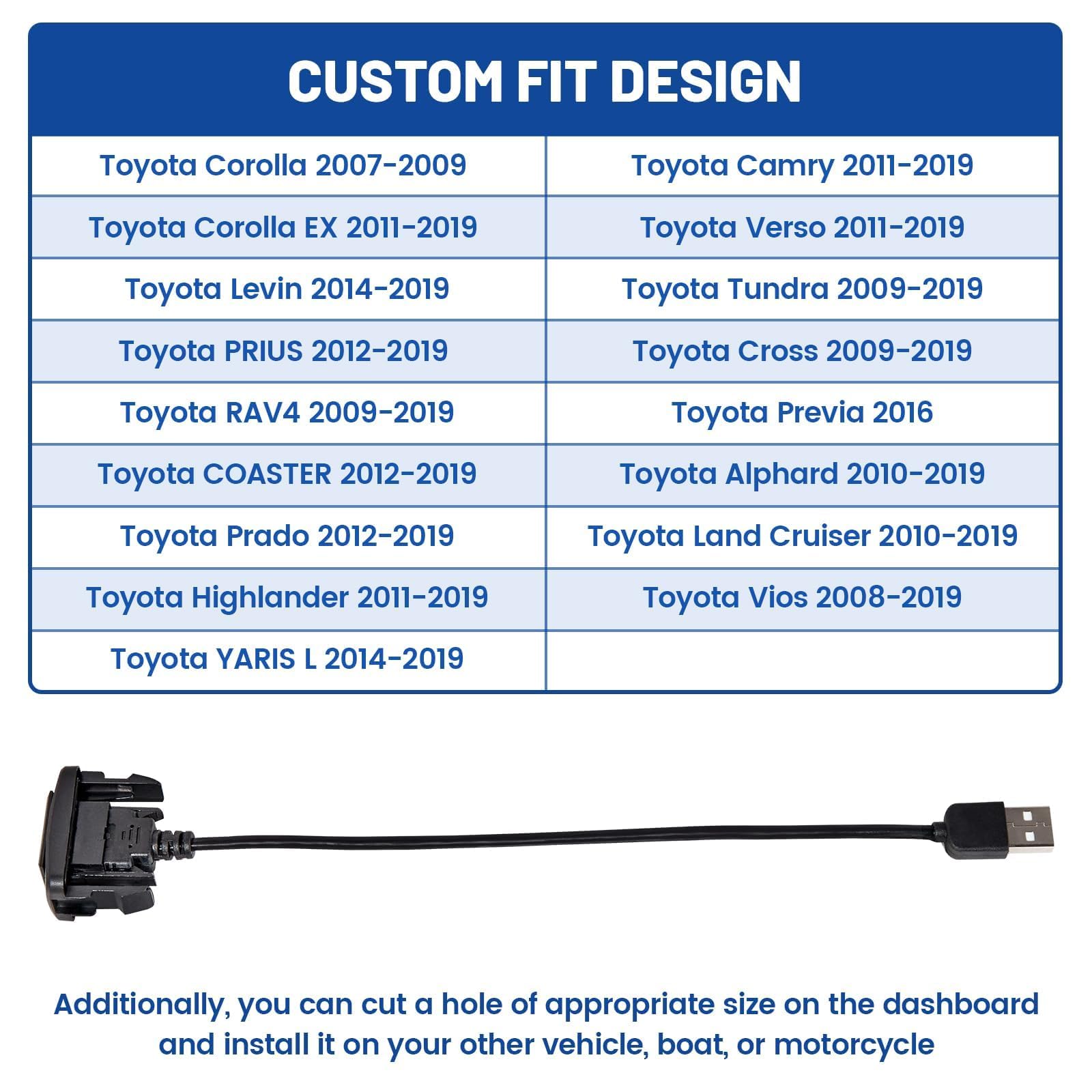Anina Usb Port Car Charger For Toyota, Male To Female Usb Power Socket Adapter, Panel Flush Mount Extension Cable For Camry Rav4 Corolla Highlander, Square Vehicle Dash Port For Ios Android (34*23Mm)