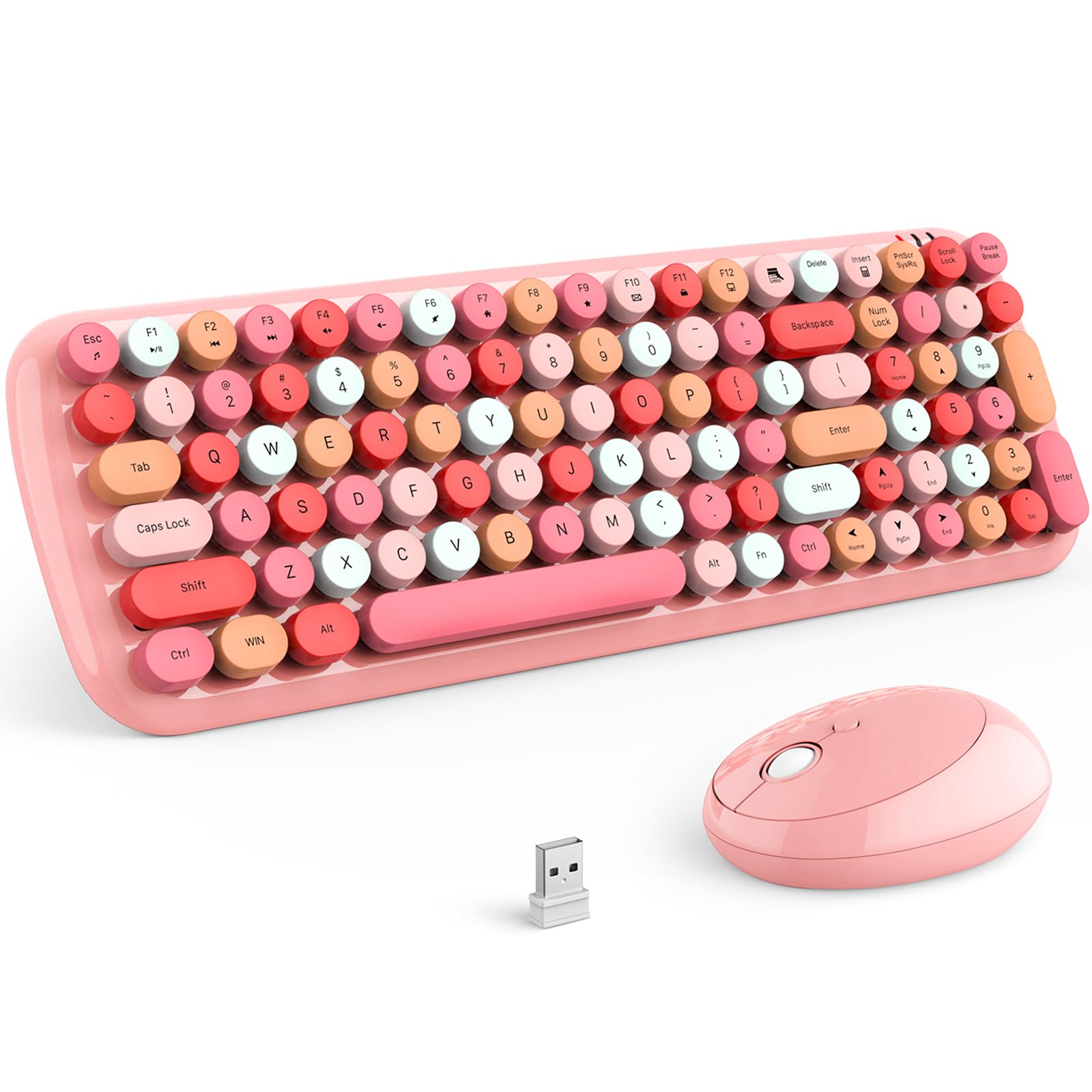 Knowsqt Wireless Keyboard And Mouse Combo, Light Pink 100 Keys 2.4 Ghz Round Keycap Typewriter Keyboards, Usb Receiver Plug And 