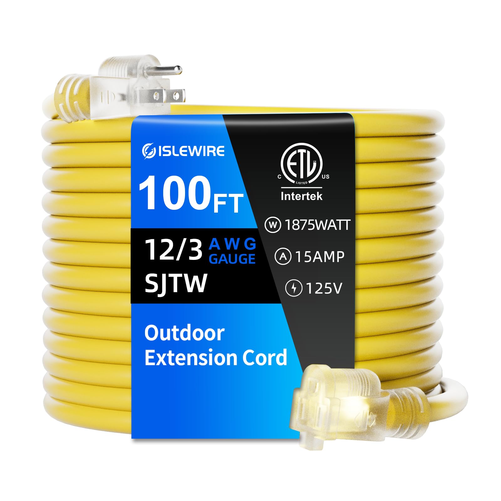 Islewire 12 Gauge Outdoor Extension Cord 100 Ft Waterproof, 3 Prong Plug, Sjtw Heavy Duty 15A 1875W, Yellow Extension Cable With