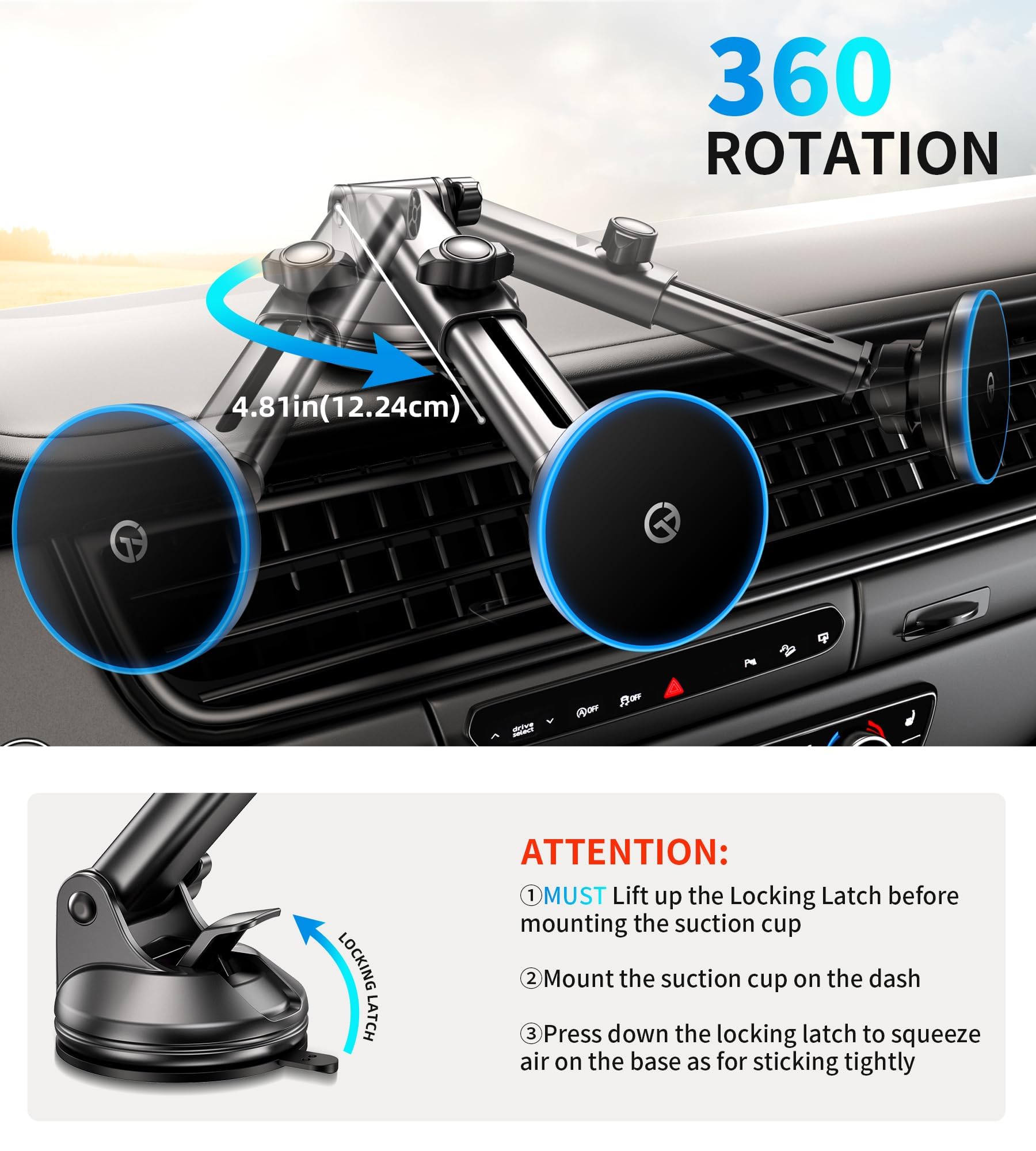 Gumosh For Magsafe Car Mount Charger Dash/Windshield/Vent Wireless Car Charger With [Led Light], Strong Magnetic Phone Holder Fo