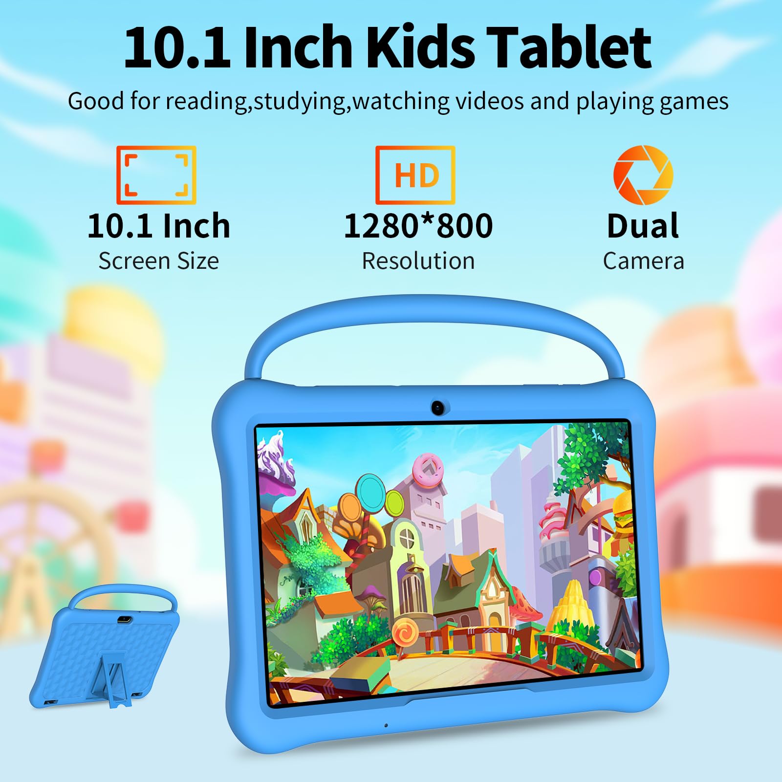 NEWISION 10 Kids Tablet, Android 13, 64GB, HD IPS Display, iWawa, Parental Controls, Educational Games, Bluetooth, Blue