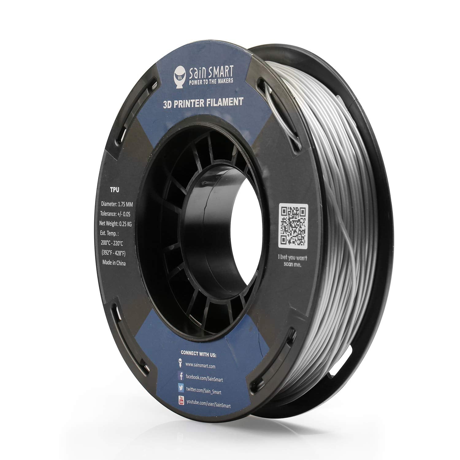 SainSmart TPU Filament 1.75 Silver Flexible TPU 3D Printing Filament 1.75 mm 250g Solid Color Dimensional Accuracy +/- 0.05 mm
