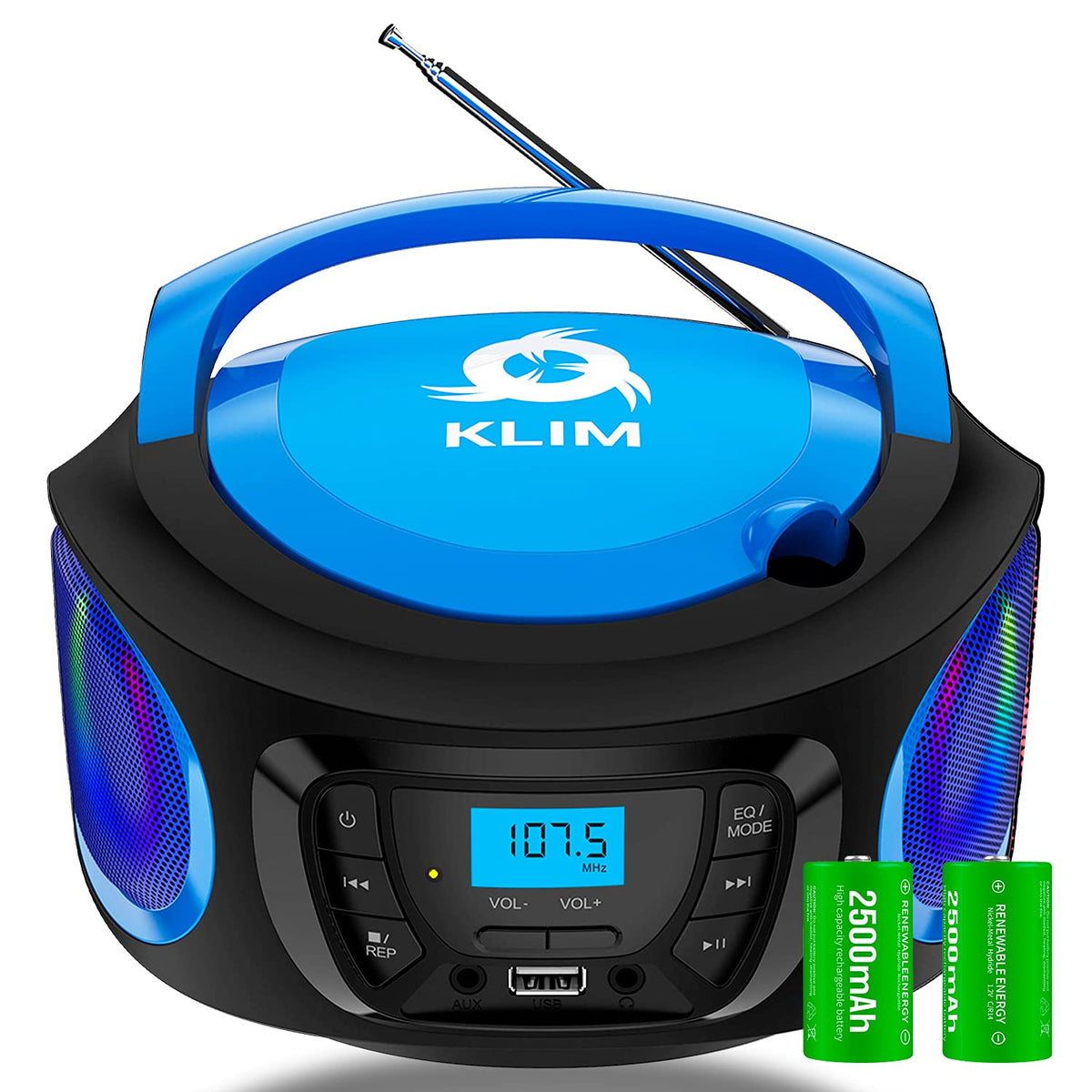 Klim Boombox Portable Audio System   New Version 2024   Fm Radio Cd Player Bluetooth Mp3 Usb Aux   Includes Rechargeable Batteri