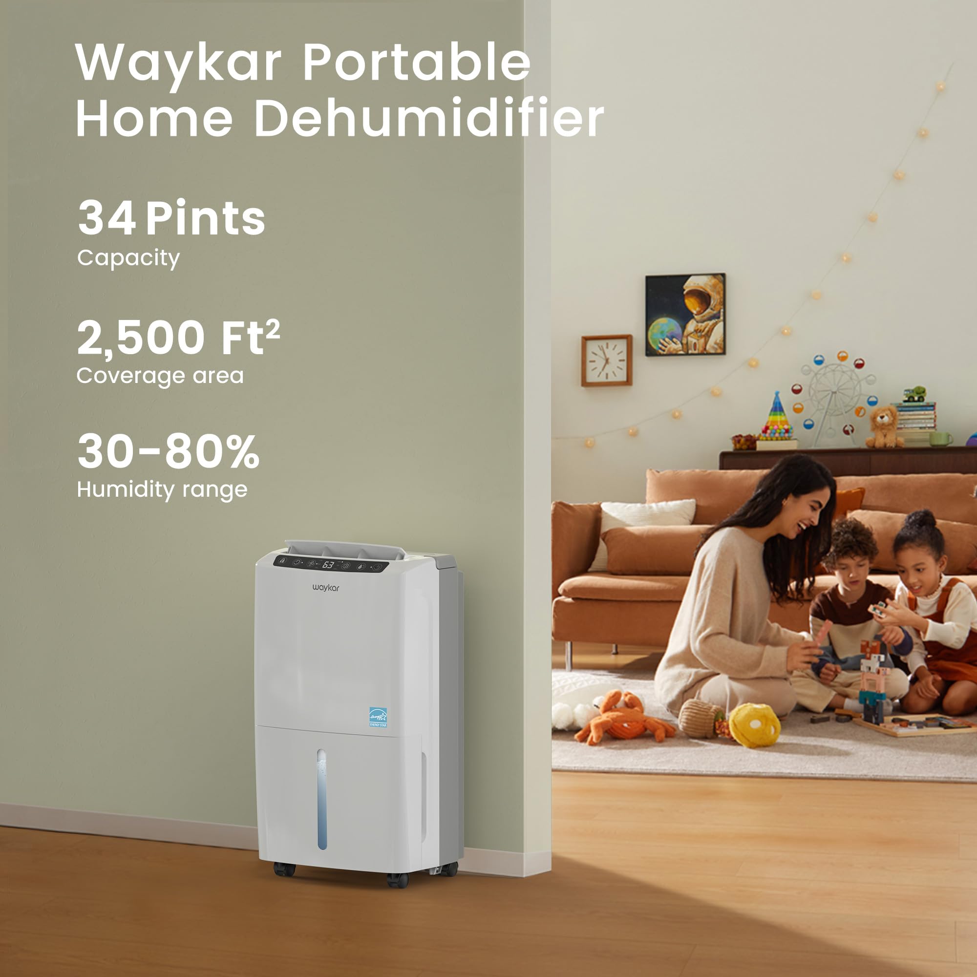 Waykar 2000 Sq. Ft Most Efficient Energy Star 2025 Dehumidifier For Home And Basement With Auto Or Manual Drainage, Quiet 33Db O