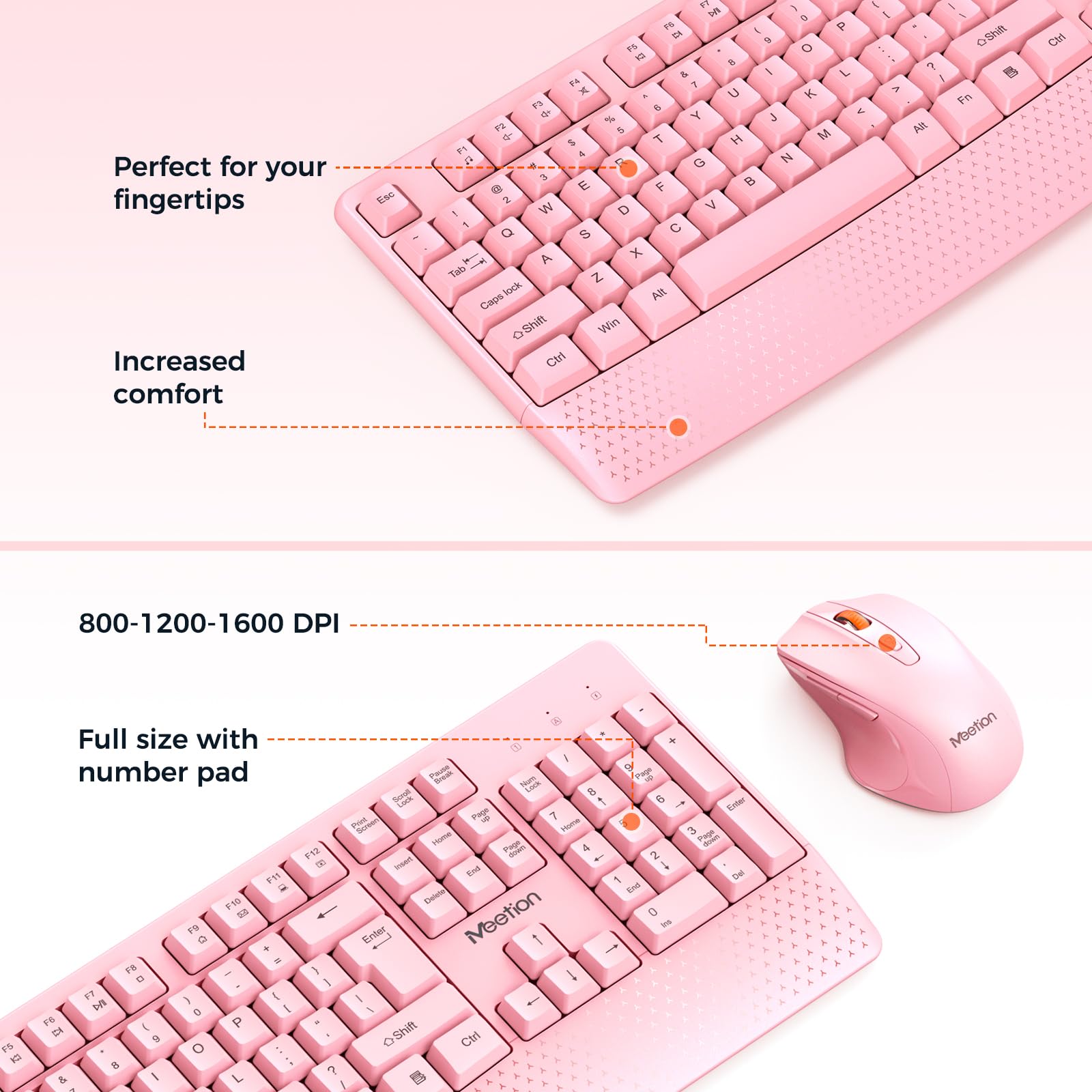 MEETION Wireless Keyboard and Mouse Set, Full-Sized Cordless with Wrist Rest, 3 DPI, 2.4GHz USB Receiver, Pink for PC/Laptop/Windows/Mac