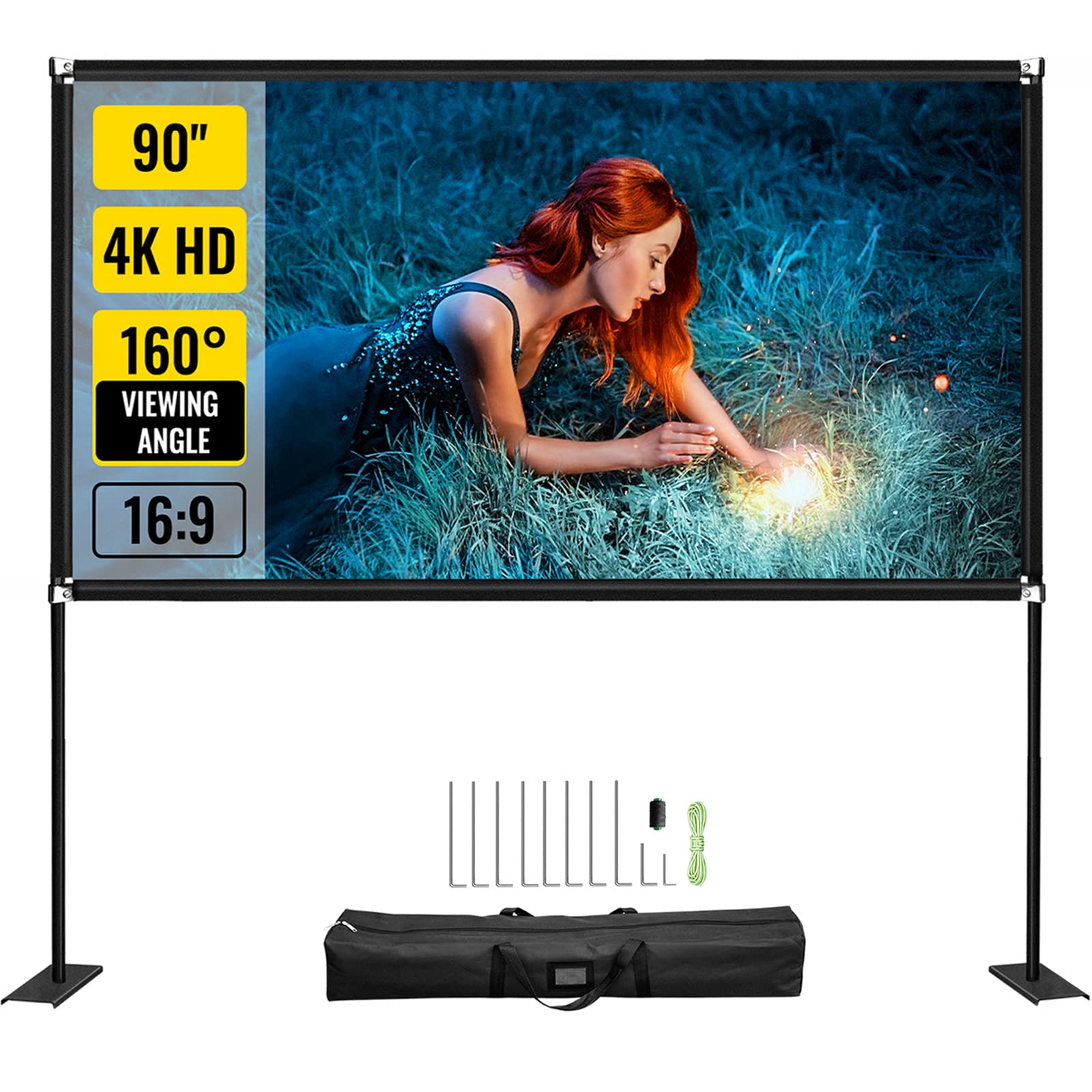 VEVOR Outdoor Movie Screen w/Stand, 90 Portable Movie Screen, 16:9 HD Wide Angle Outdoor Projector Screen, Front & Rear Projecti