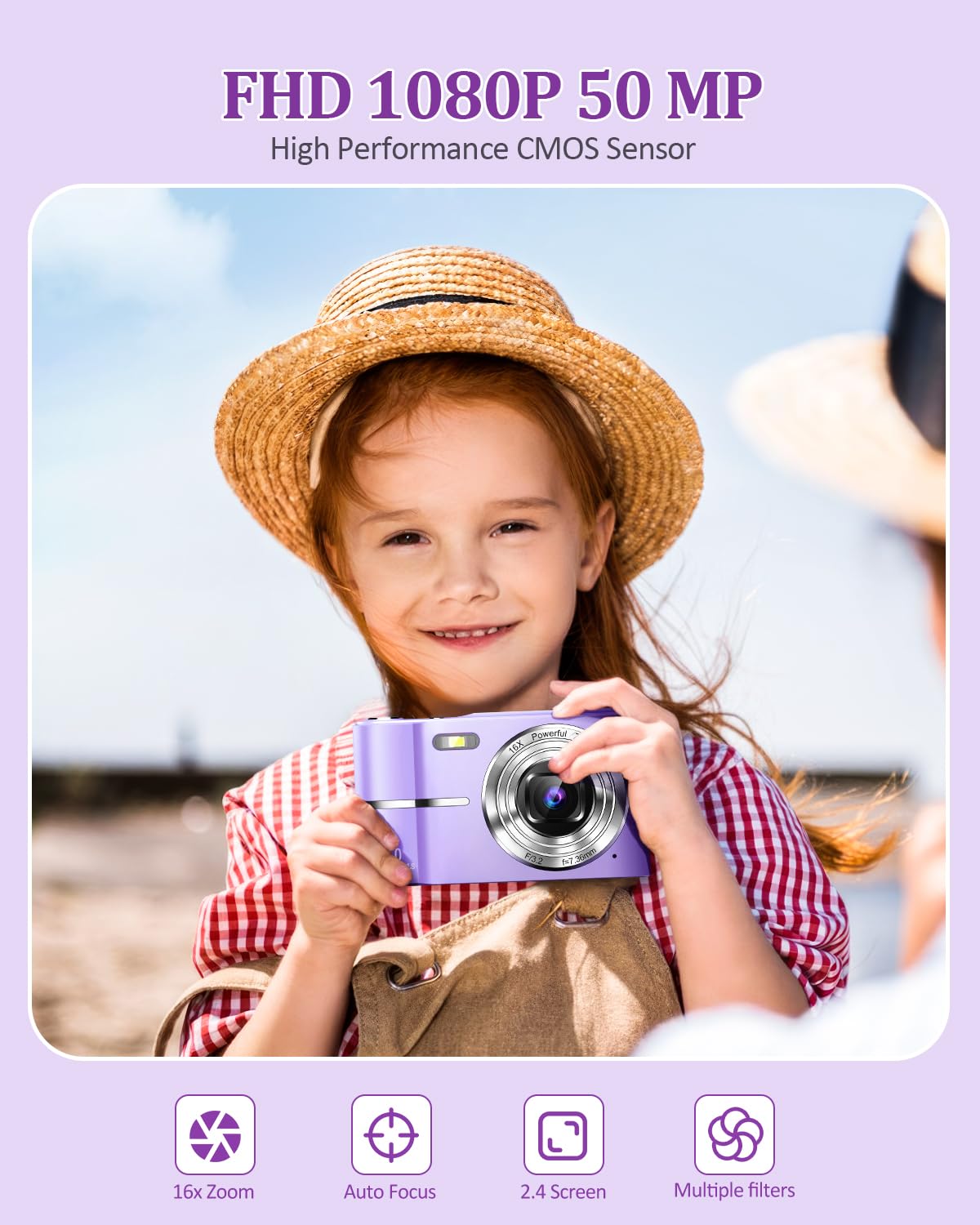 Upgrade Digital Camera, 50Mp Full High Definition 1080P Camera With 16X Zoom Anti Shake, Compact Camera For Kid Student Children