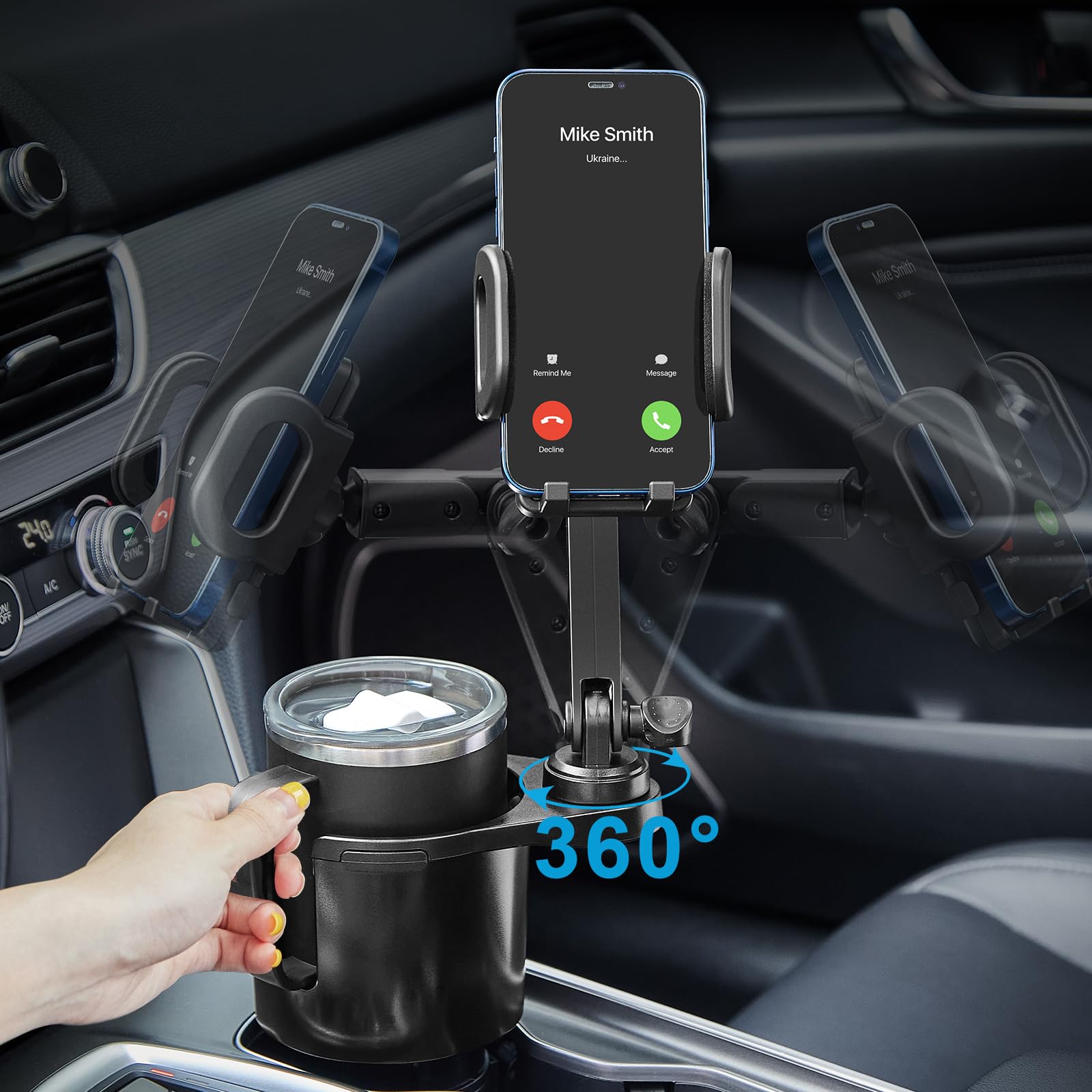Scrwvess Cup Holder Phone Mount, 2 In 1 Cup Holder Expander For Car Long Arm With 360Rotation Cup Holder Cell Phone Holder For C