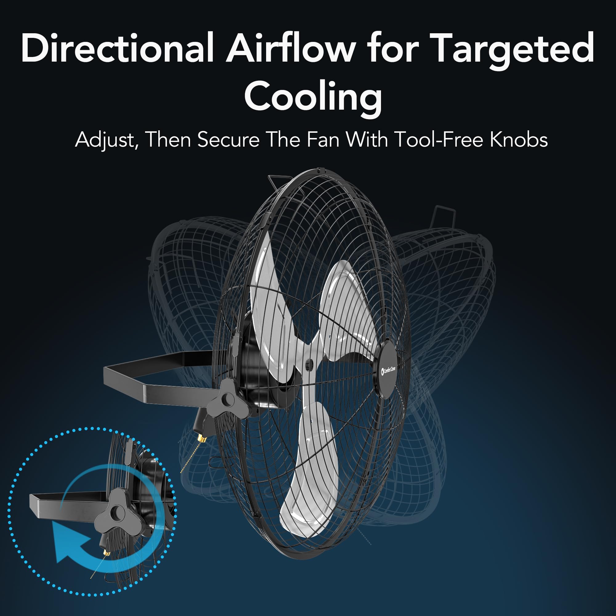 Comfort Zone 20    Industrial Wall Mount Or Floor Fan, 3 Speeds, Angle Adjustment, All-Metal Construction, & Steel Mounting Brac