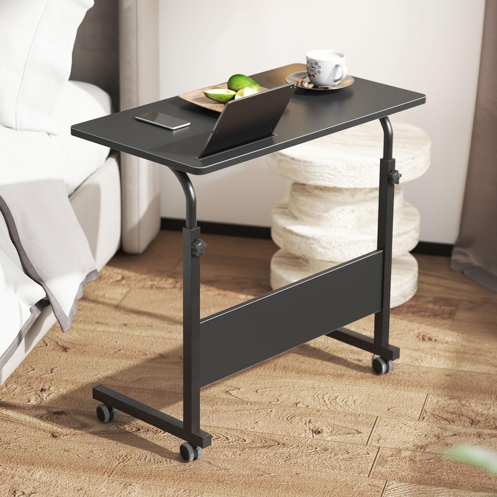 Dlandhome Mobile Bed Table 31.5 Inch, Adjustable Side Table Laptop Computer Stand Desks With Tablet Slot Cart Tray Wheels,Black#