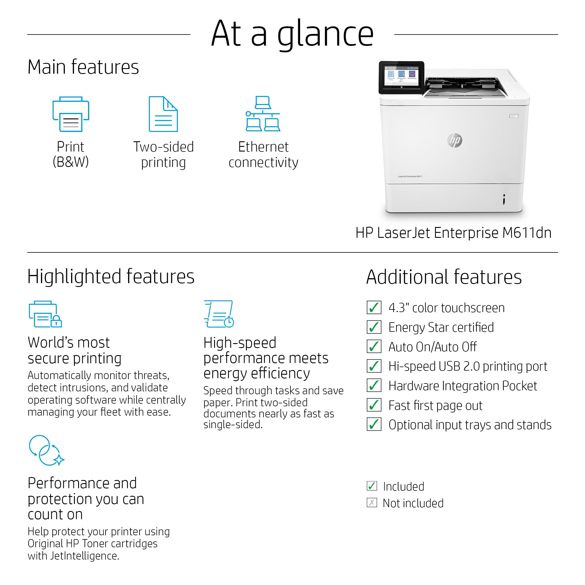 Hp Laserjet Enterprise M611Dn Monochrome Printer With Built In Ethernet & 2 Sided Printing (7Ps84A) White