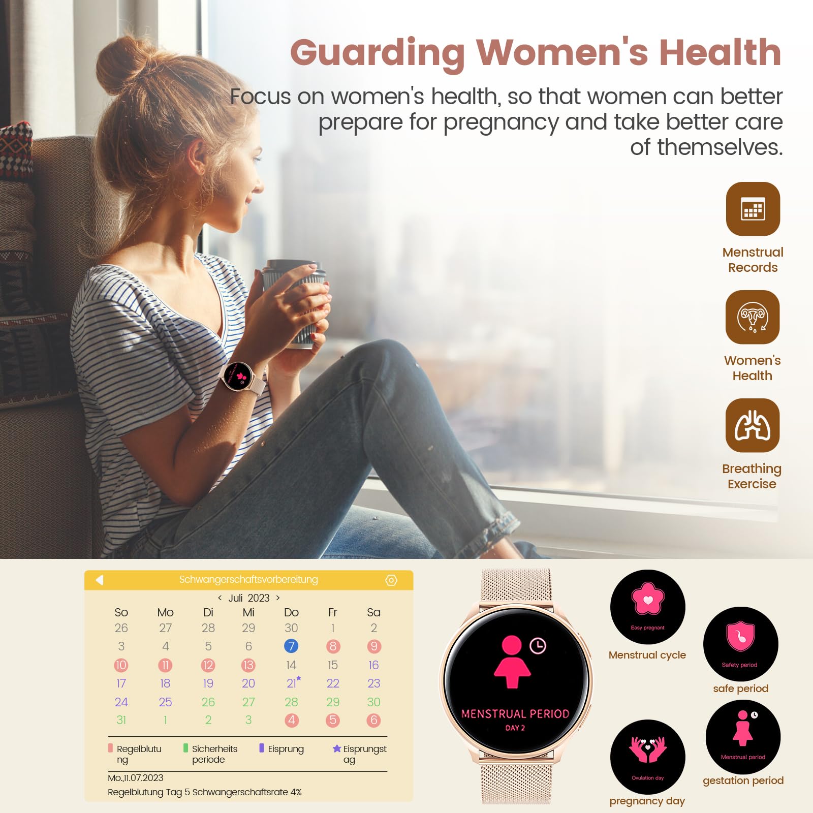 Rifephi Smart Watch For Women, 1.39 '' Fitness Watch With Hr/Bp/Spo2 Monitor, Female Cycle Tracking, Ip67 Waterproof, 113 Sport