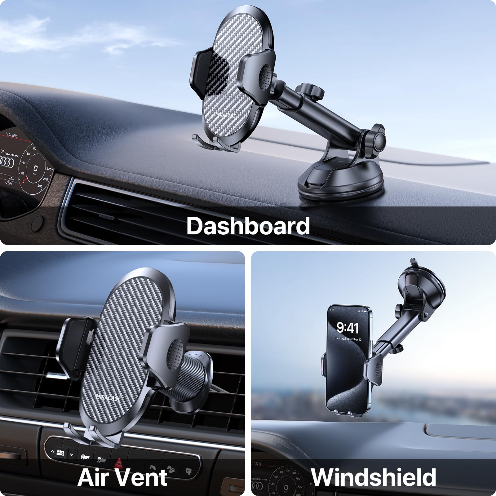 Miracase 3-In-1 Cell Phone Holders For Your Car, Universal Car Phone Holder Mount For Car Dashboard Air Vent Windshield Compatib