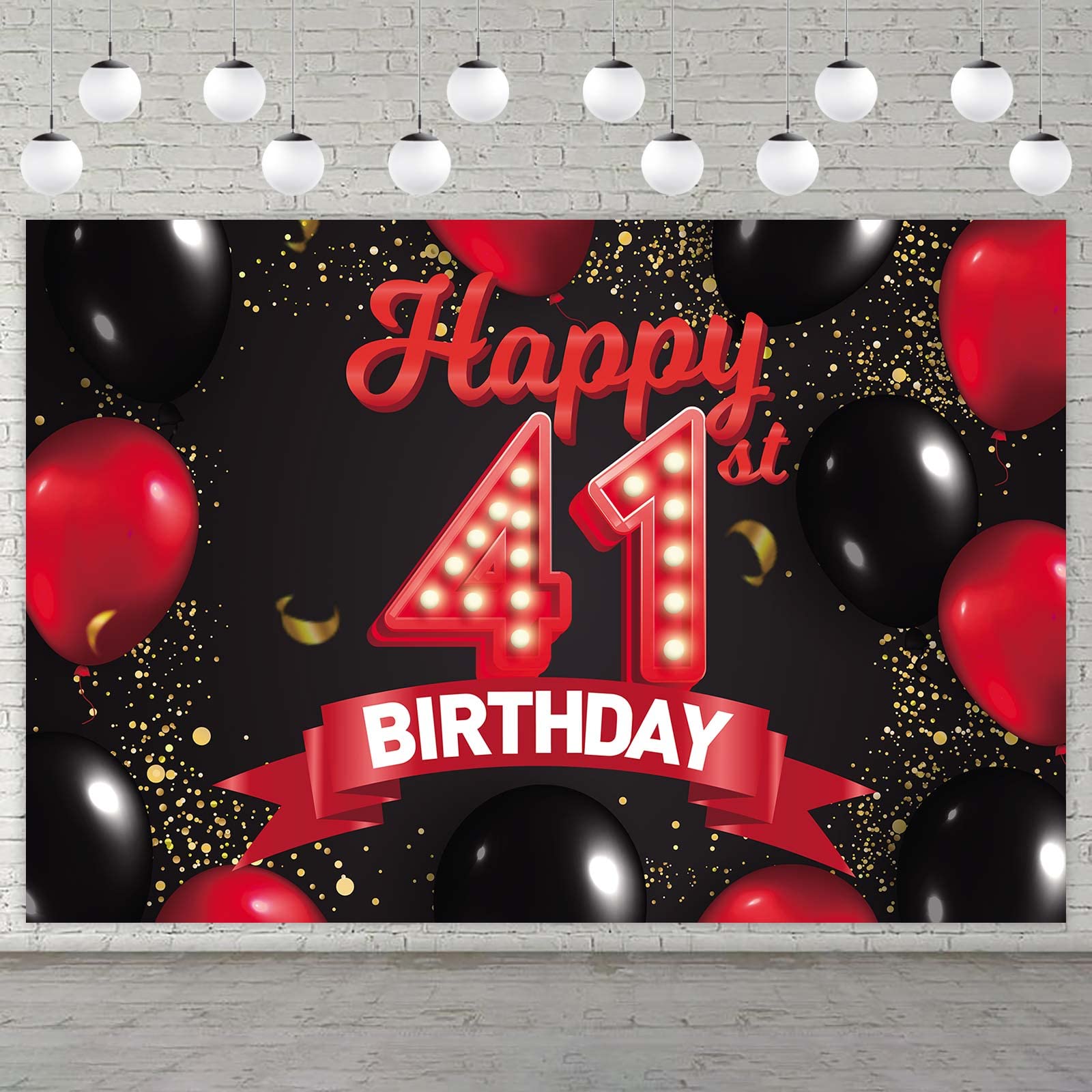 Happy 41St Birthday Red And Black Banner Backdrop Decorations Balloons Theme Decor For Girls Women Princess 41 Years Old Birthda