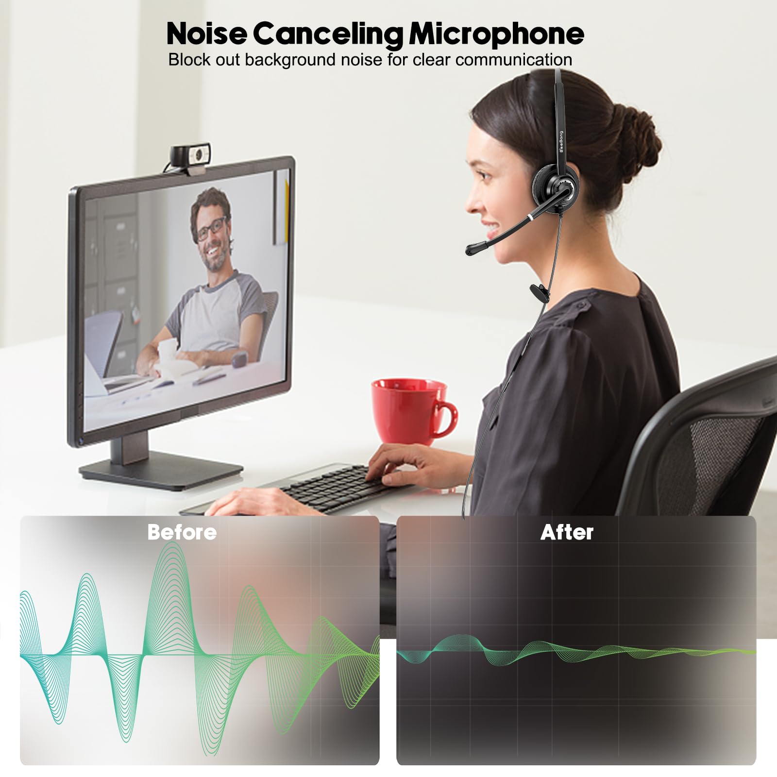 Beebang Telephone Headset With Microphone Noise Canceling For Office Landline Deskphone, With Mic Mute Volume Controller, Mono R