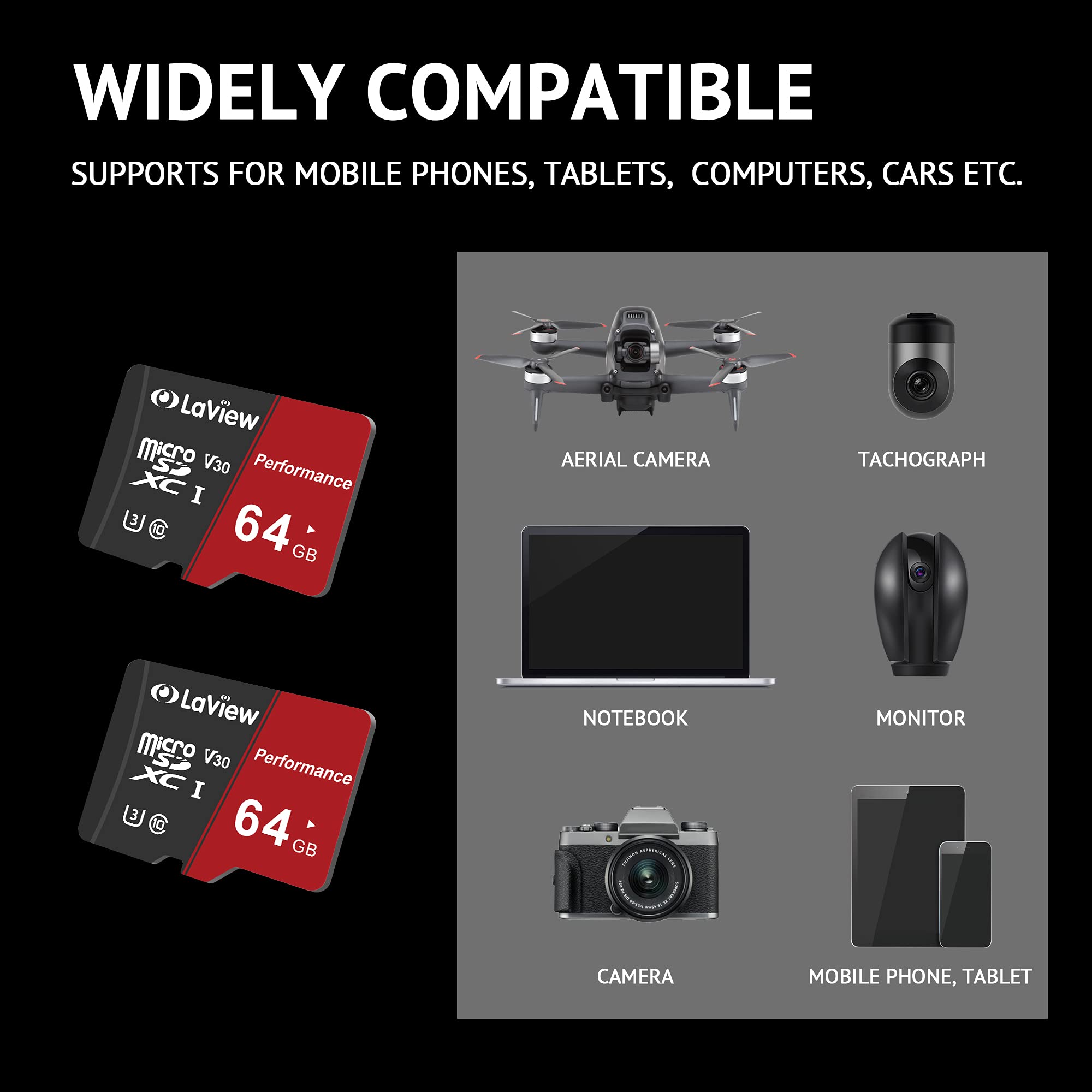 Laview 64Gb Micro Sd Card 2 Pack, Micro Sdxc Uhs I Memory Card � 95Mb/S,633X,U3,C10, Full Hd Video V30, A1, Fat32, High Speed Flash Tf Card P500 For Computer With Adapter/Phone/Tablet/Pc