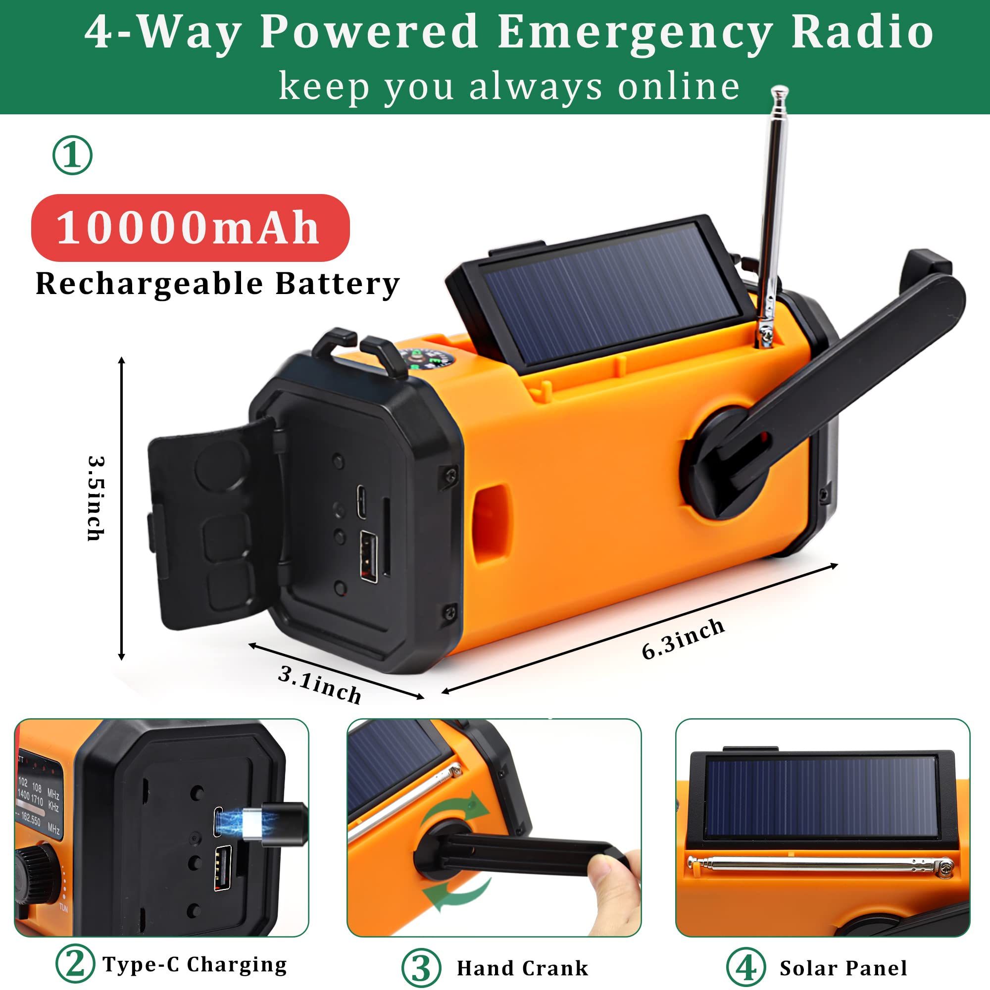 Emergency Hand Crank Weather Radio With 10000Mah Battery Backup,Type C Charging Portable Solar Am Fm Noaa Radio With Usb Charger