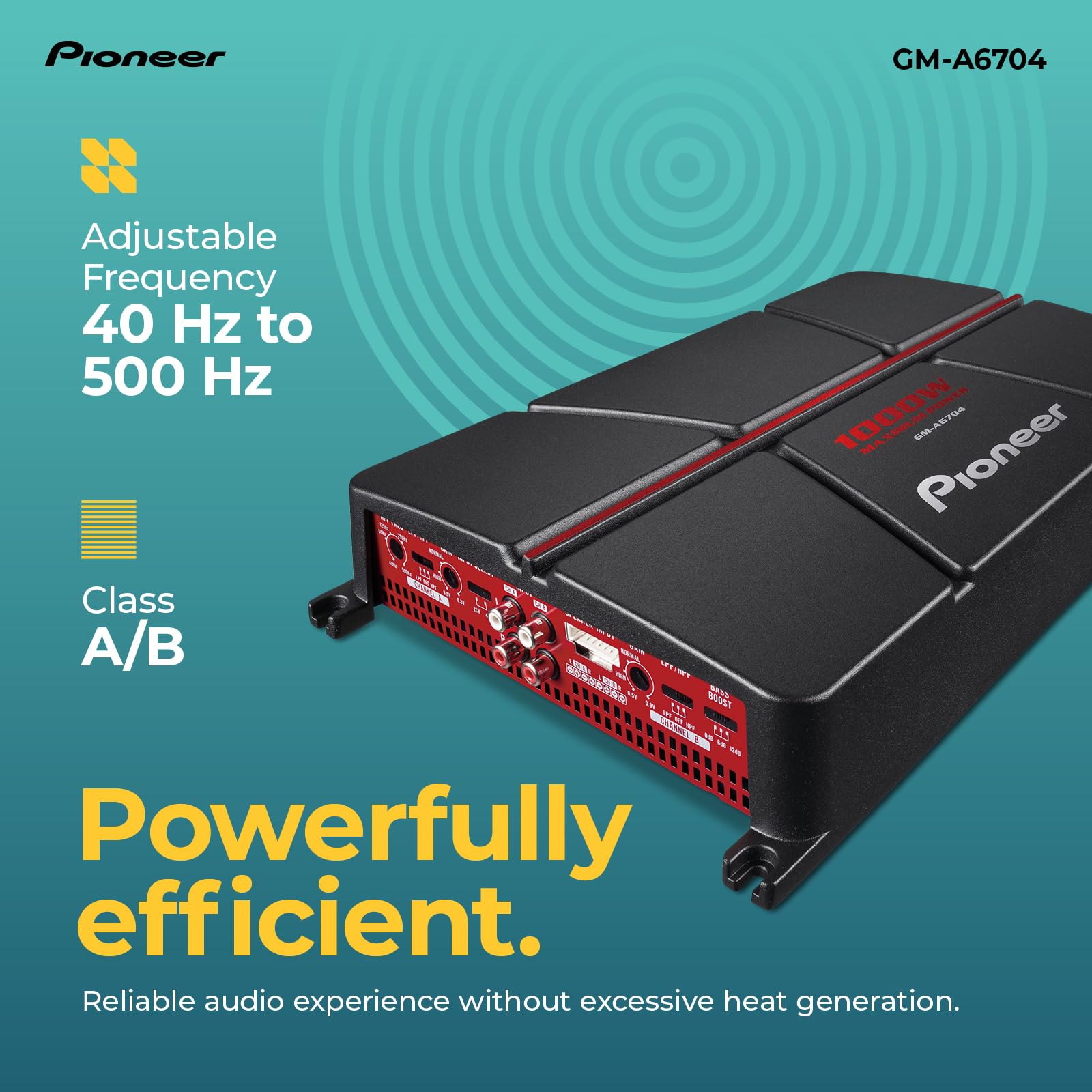 Pioneer GM-A6704 4-Channel Car Amplifier - 1000W Max Power, Class AB, Black/Red