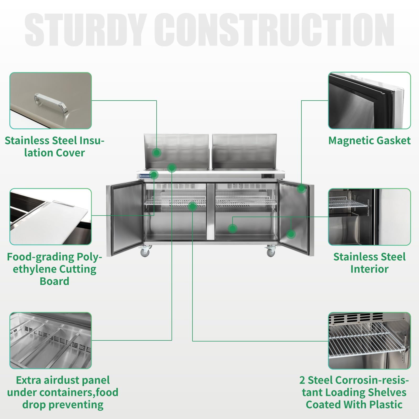 Icecasa 60'' W Commercial Refrigerator Sandwich&Salad Prep Table Mega Top 2 Door Stainless Steel Counter Fan Cooling Refrigerato